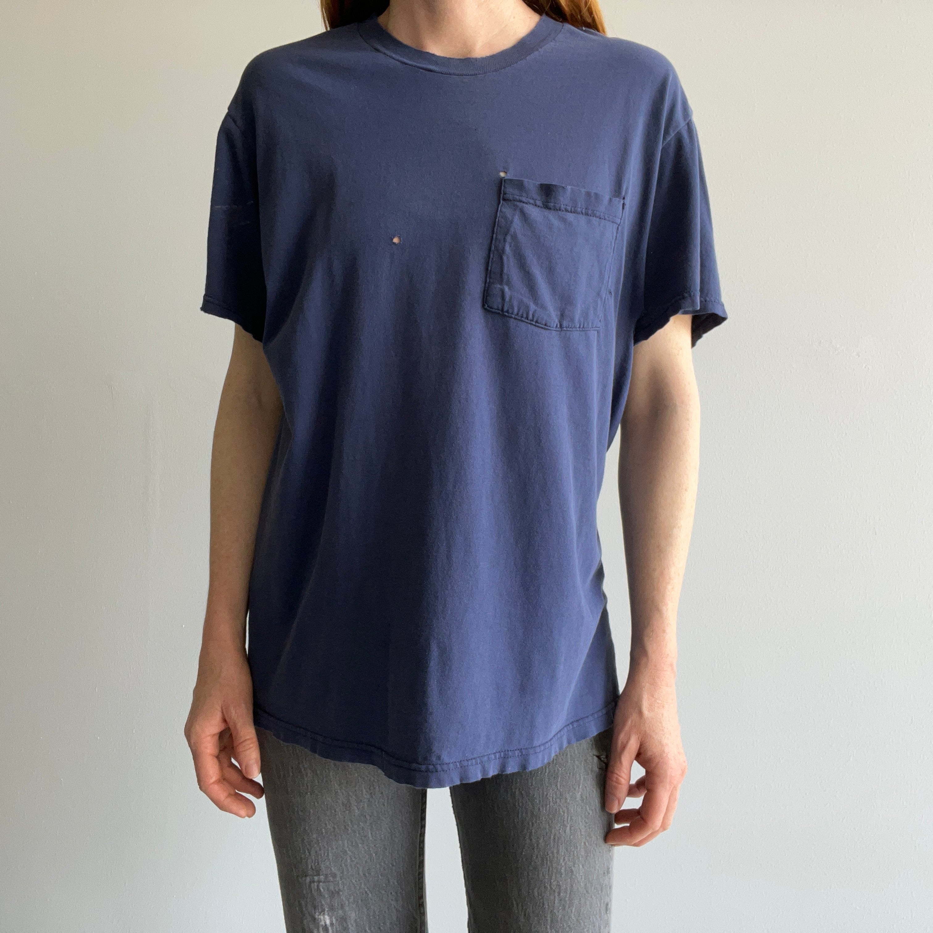 2000s Destroyed D Grade Navy Pocket T-Shirt