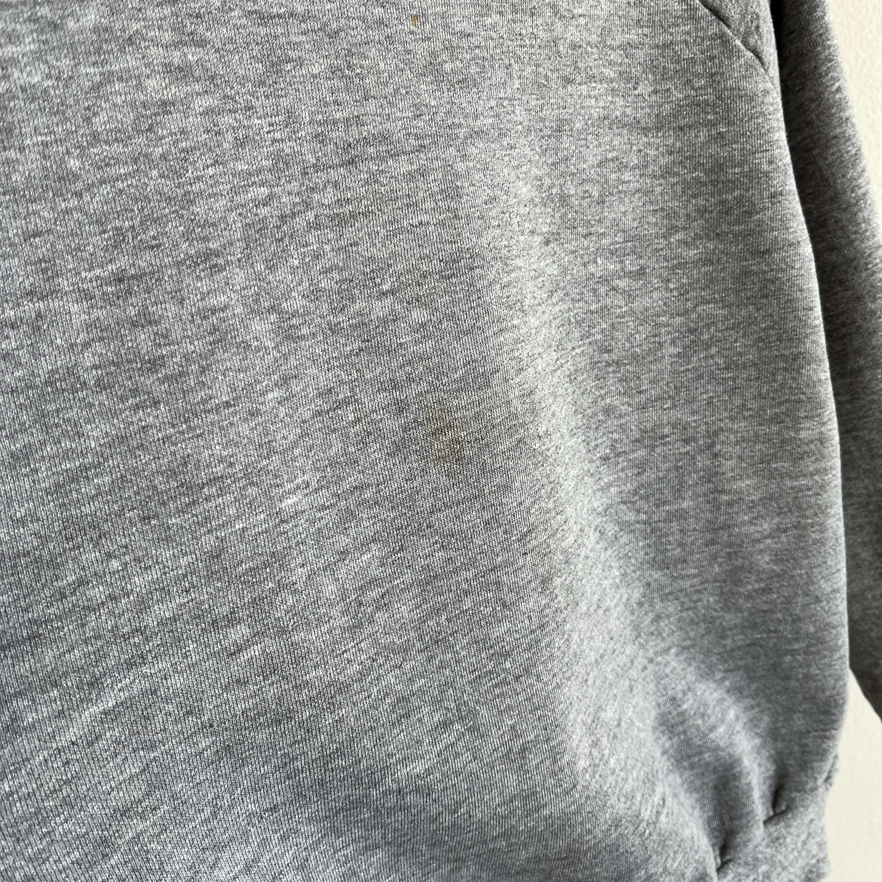 1980s Medium Gray Sweatshirt with Mending on the Back Collar - a Goodie!