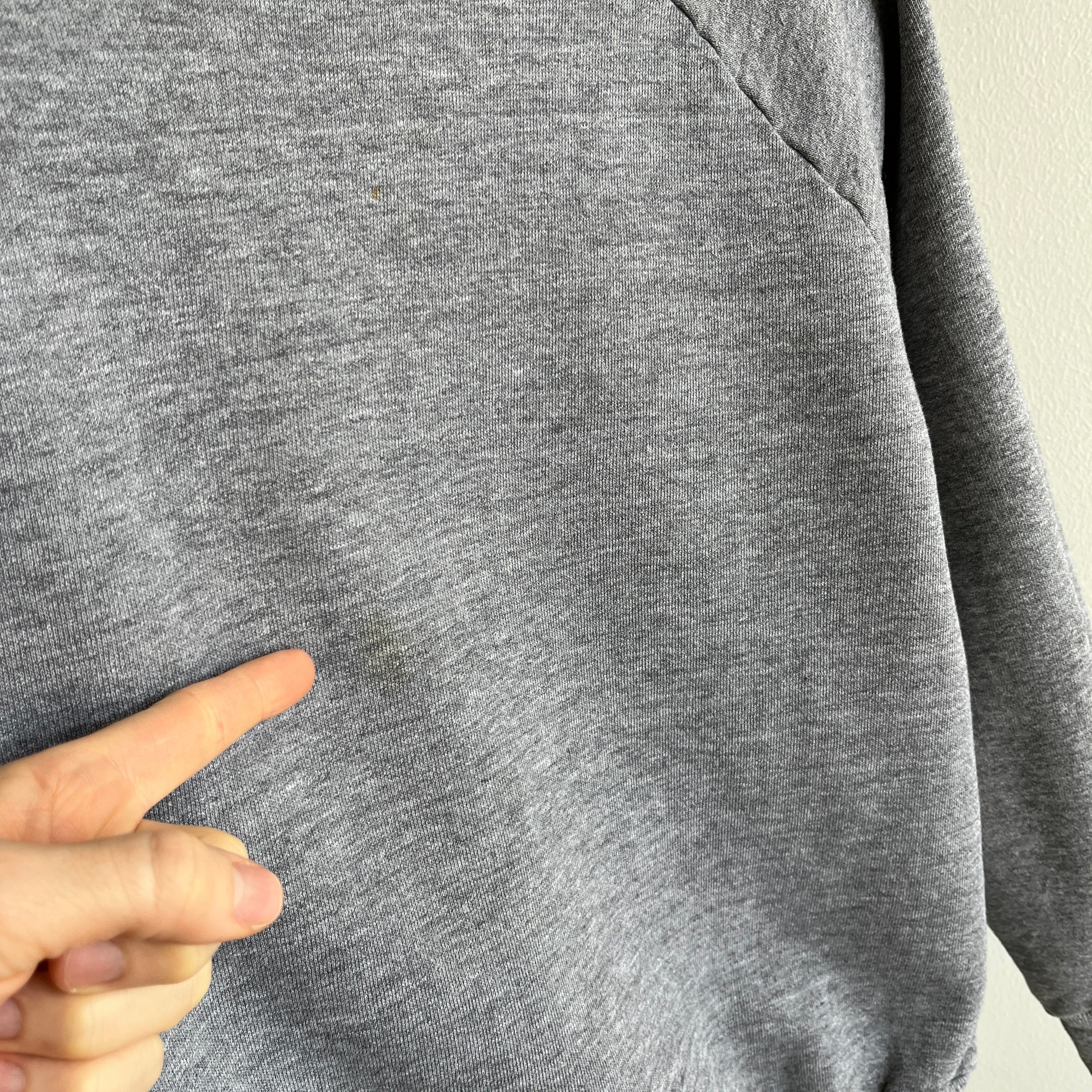 1980s Medium Gray Sweatshirt with Mending on the Back Collar - a Goodie!