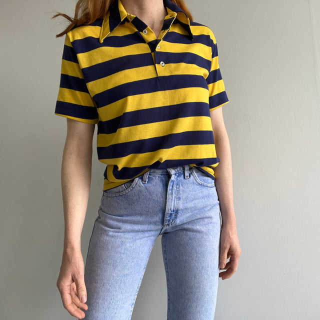 1970s Yellow and Navy Cotton/Poly Striped Polo Shirt with Stains