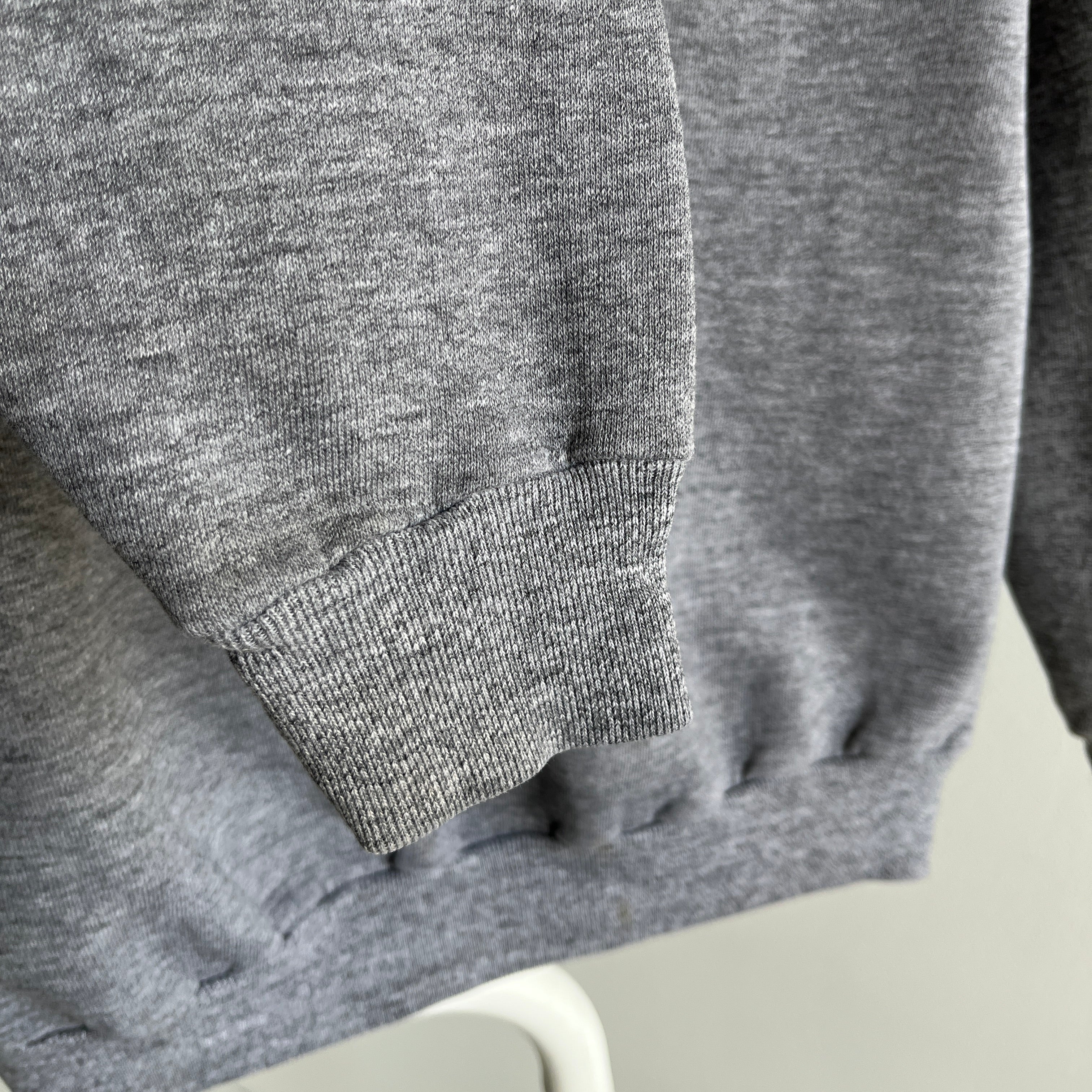 1980s Medium Gray Sweatshirt with Mending on the Back Collar - a Goodie!