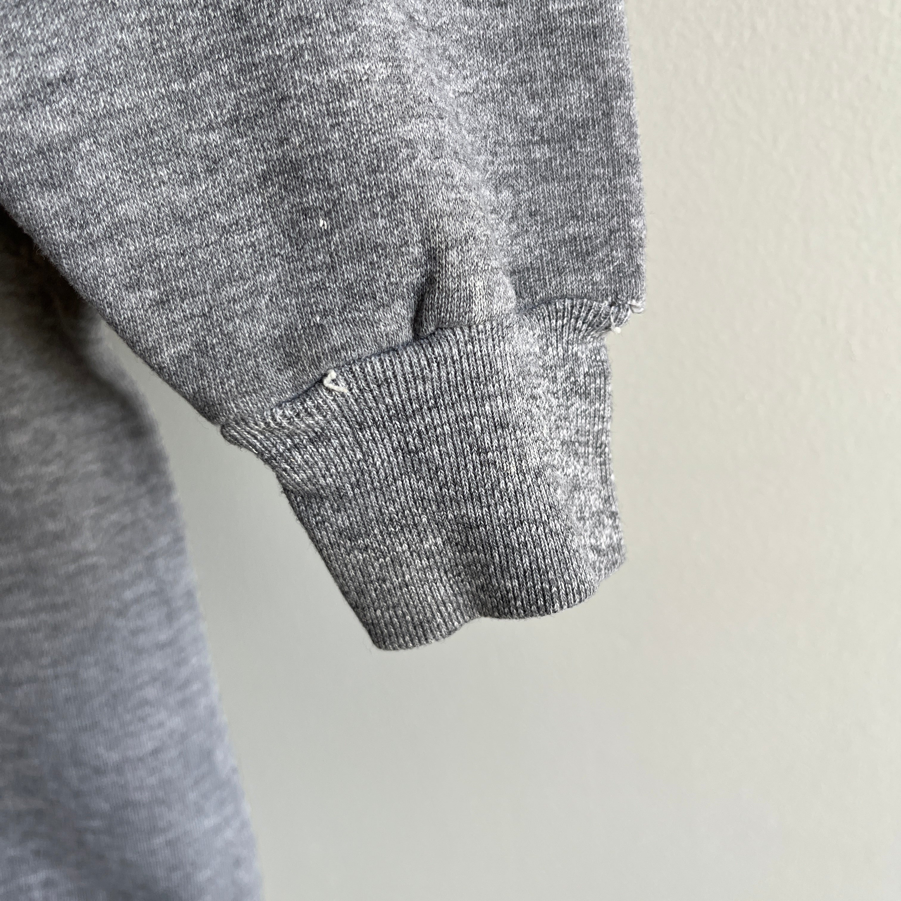 1980s Medium Gray Sweatshirt with Mending on the Back Collar - a Goodie!