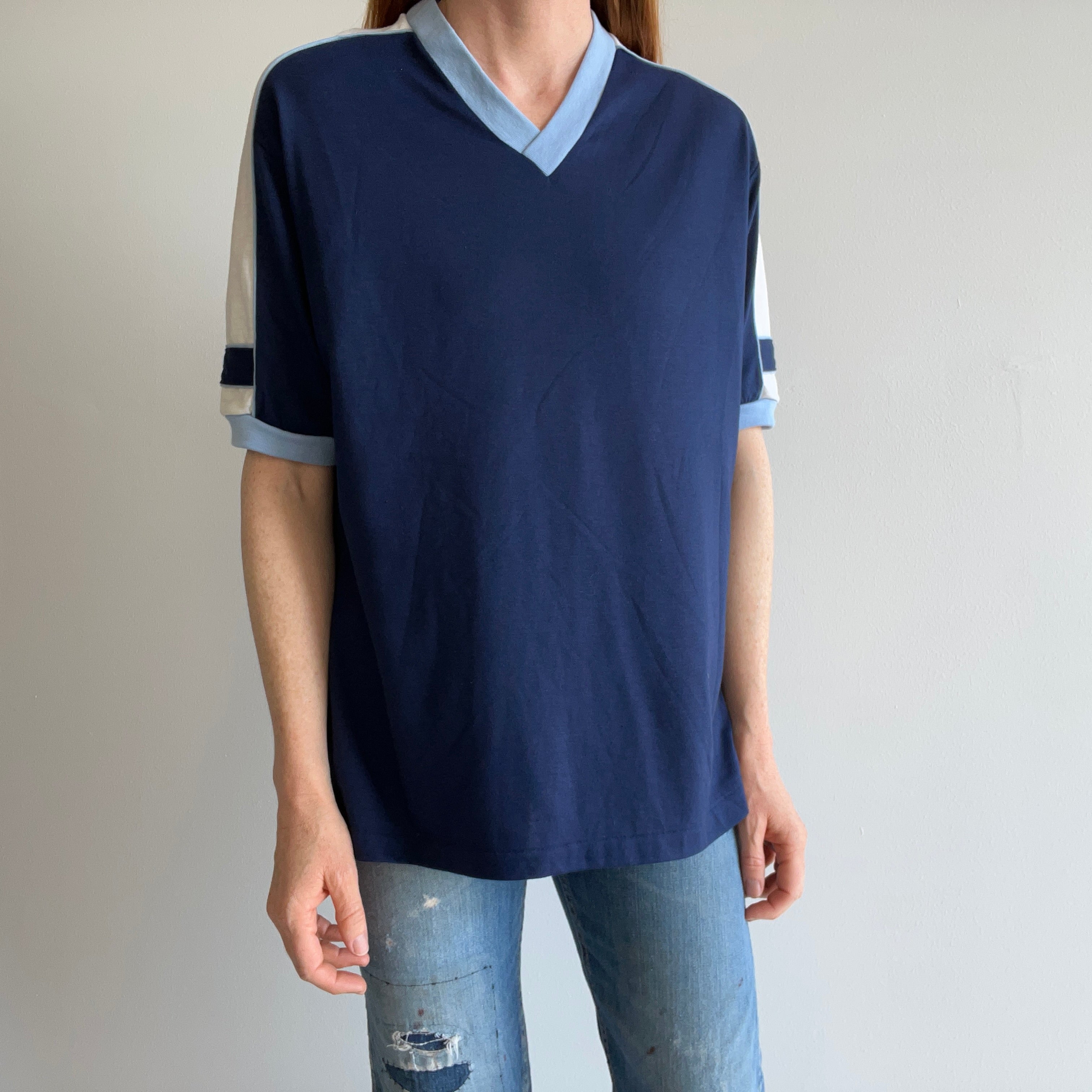 1970s Color Block V-Neck Ring T-Shirt