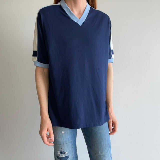 1970s Color Block V-Neck Ring T-Shirt