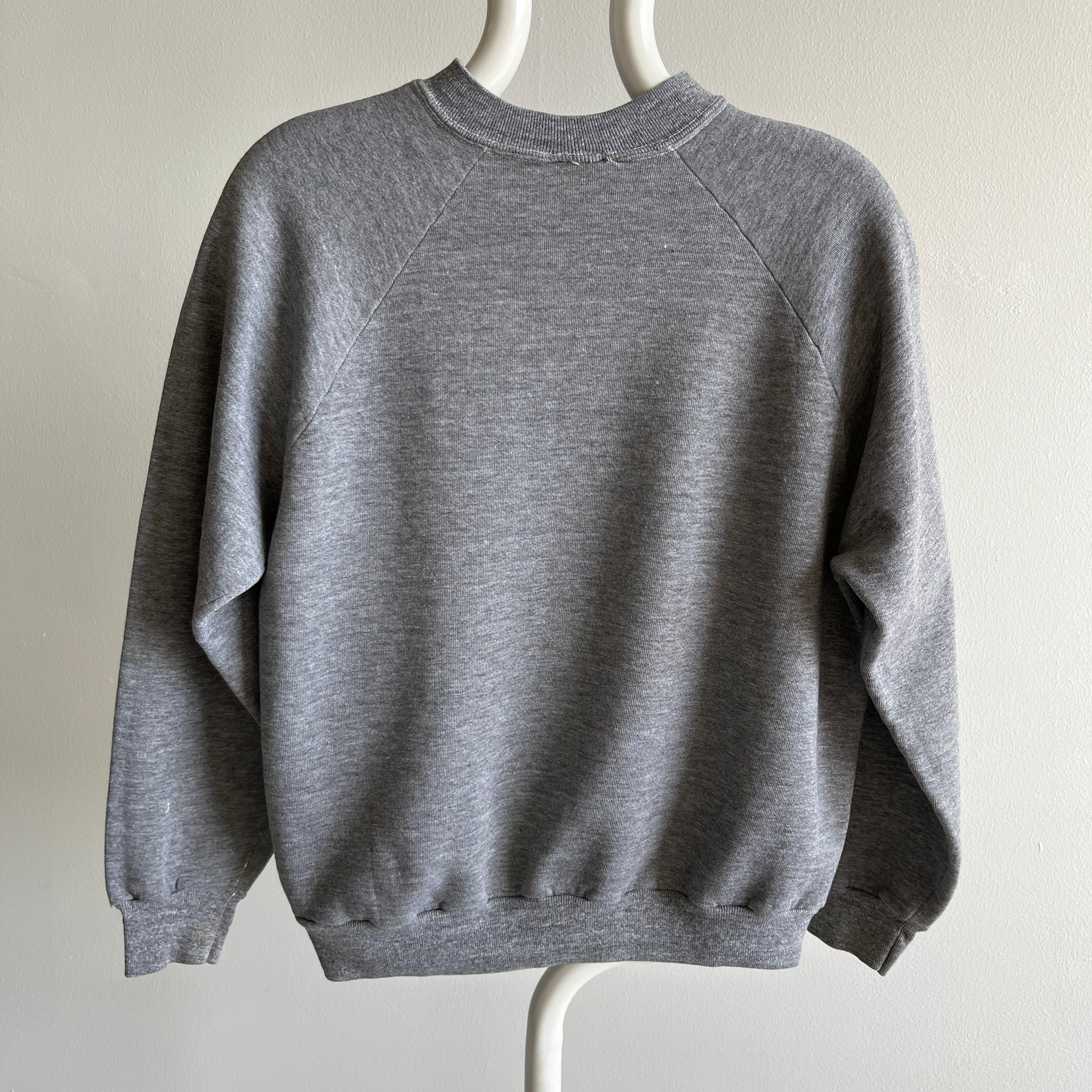 1980s Medium Gray Sweatshirt with Mending on the Back Collar - a Goodie!