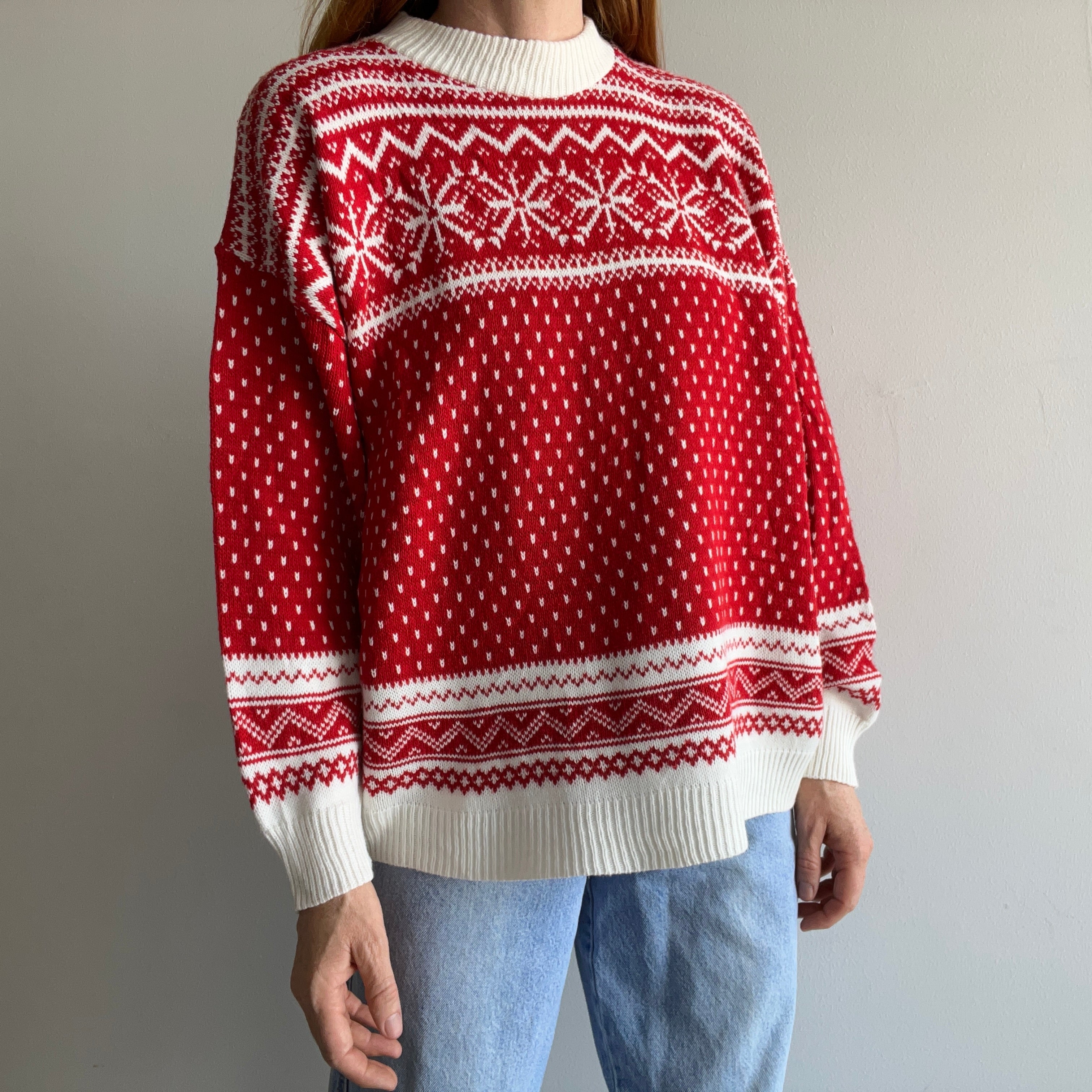 1980s Acrylic Red and White Snow Flake Sweater