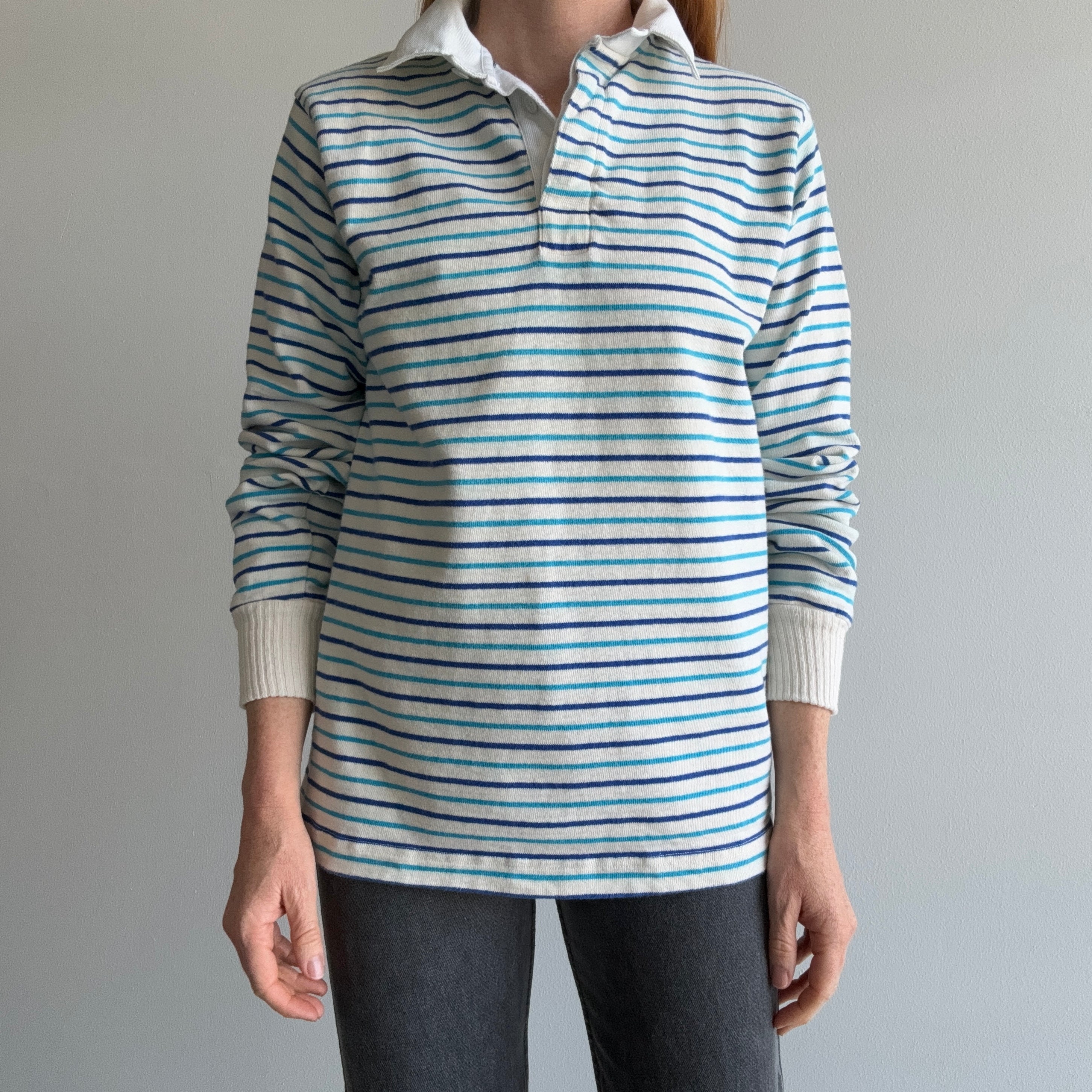 1980s Heavyweight Blue and Natural White Striped Rugby Shirt - So Good