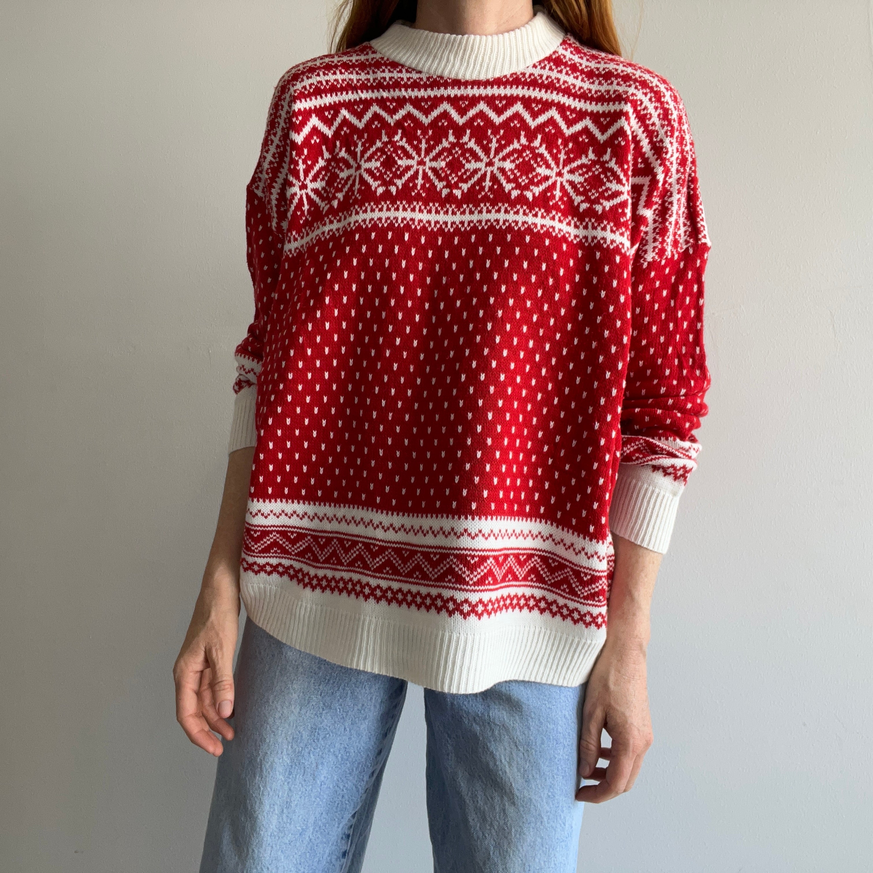 1980s Acrylic Red and White Snow Flake Sweater