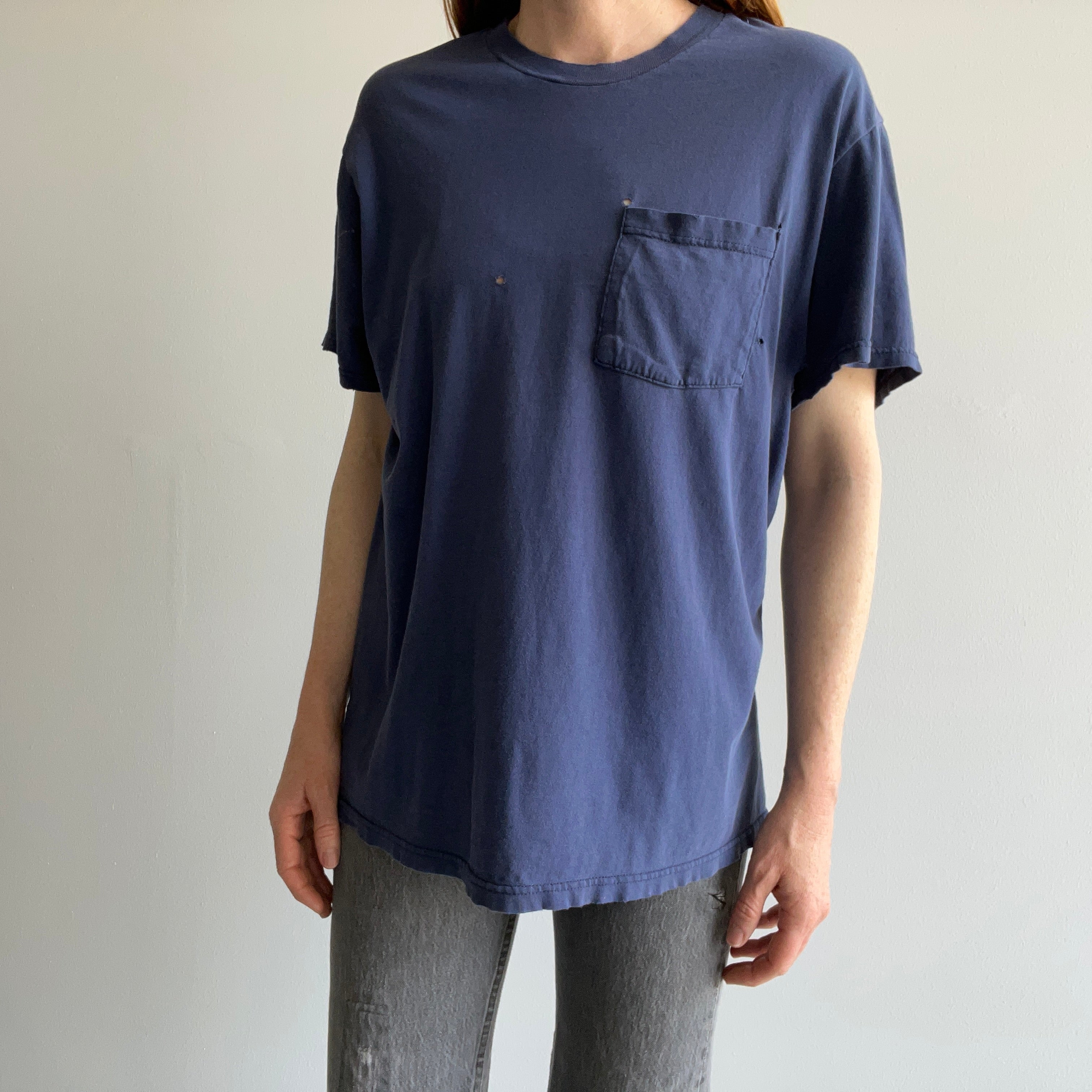 2000s Destroyed D Grade Navy Pocket T-Shirt