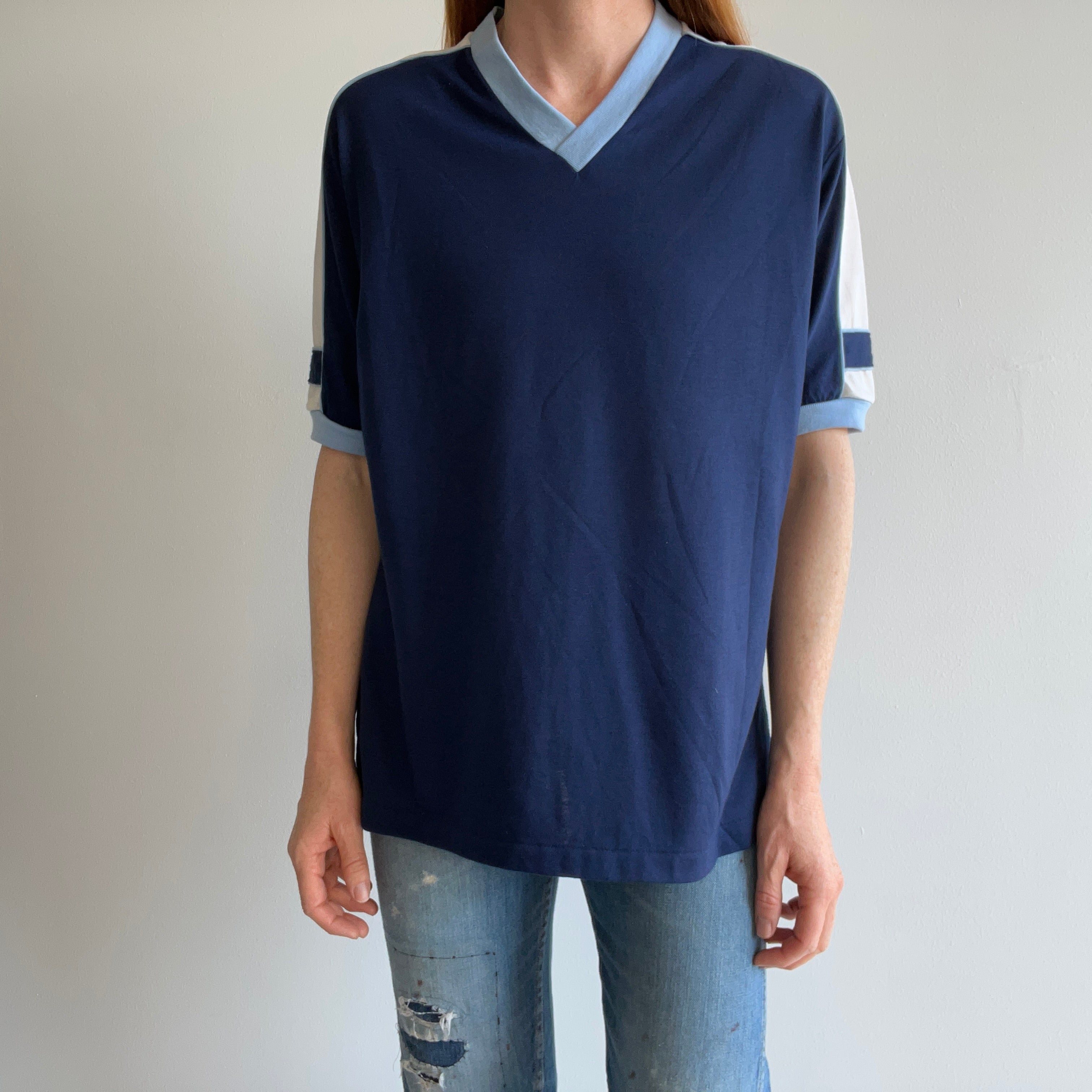 1970s Color Block V-Neck Ring T-Shirt