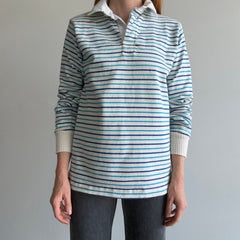 1980s Heavyweight Blue and Natural White Striped Rugby Shirt - So Good