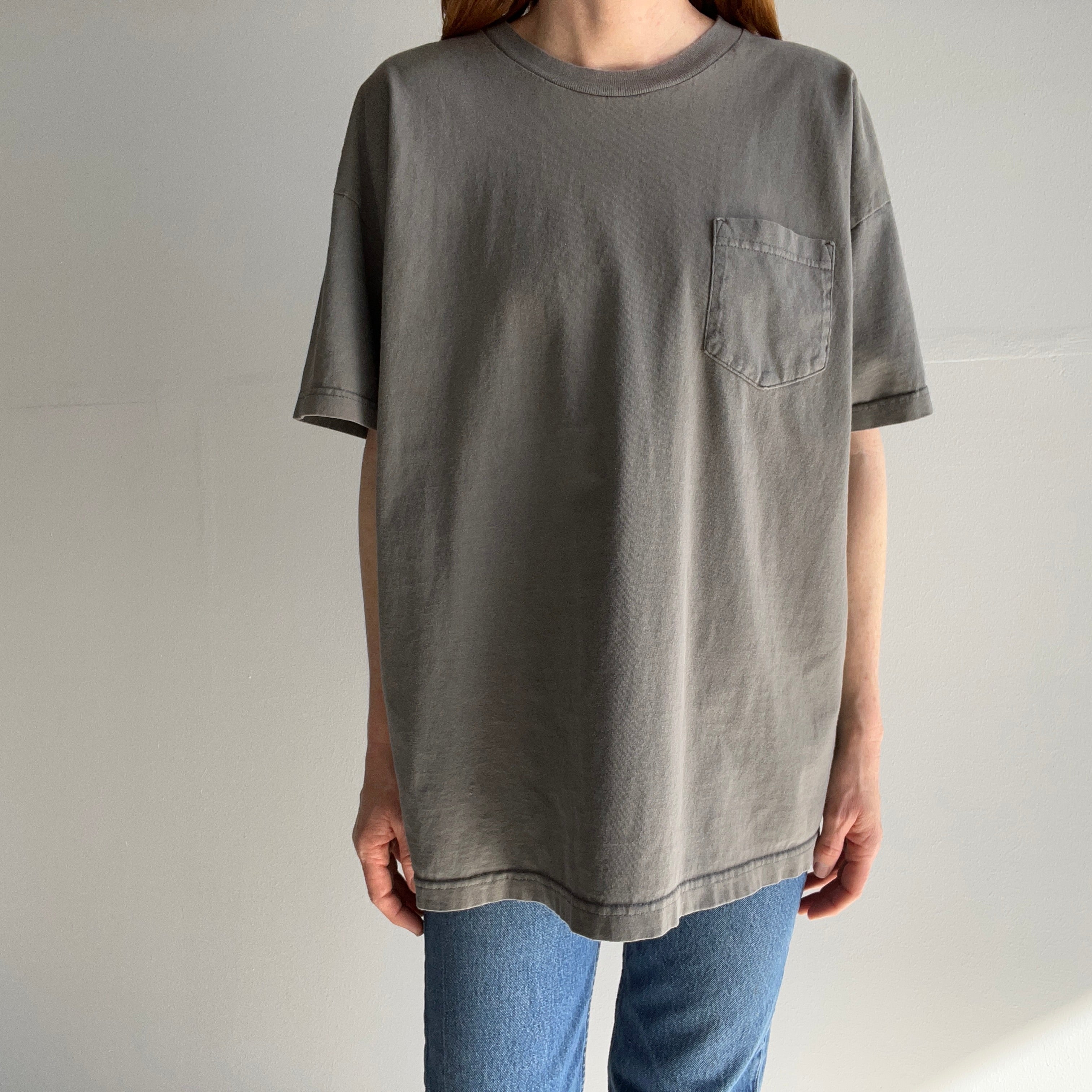 1990s Solid Gray Heavyweight Cotton Pocket T-Shirt