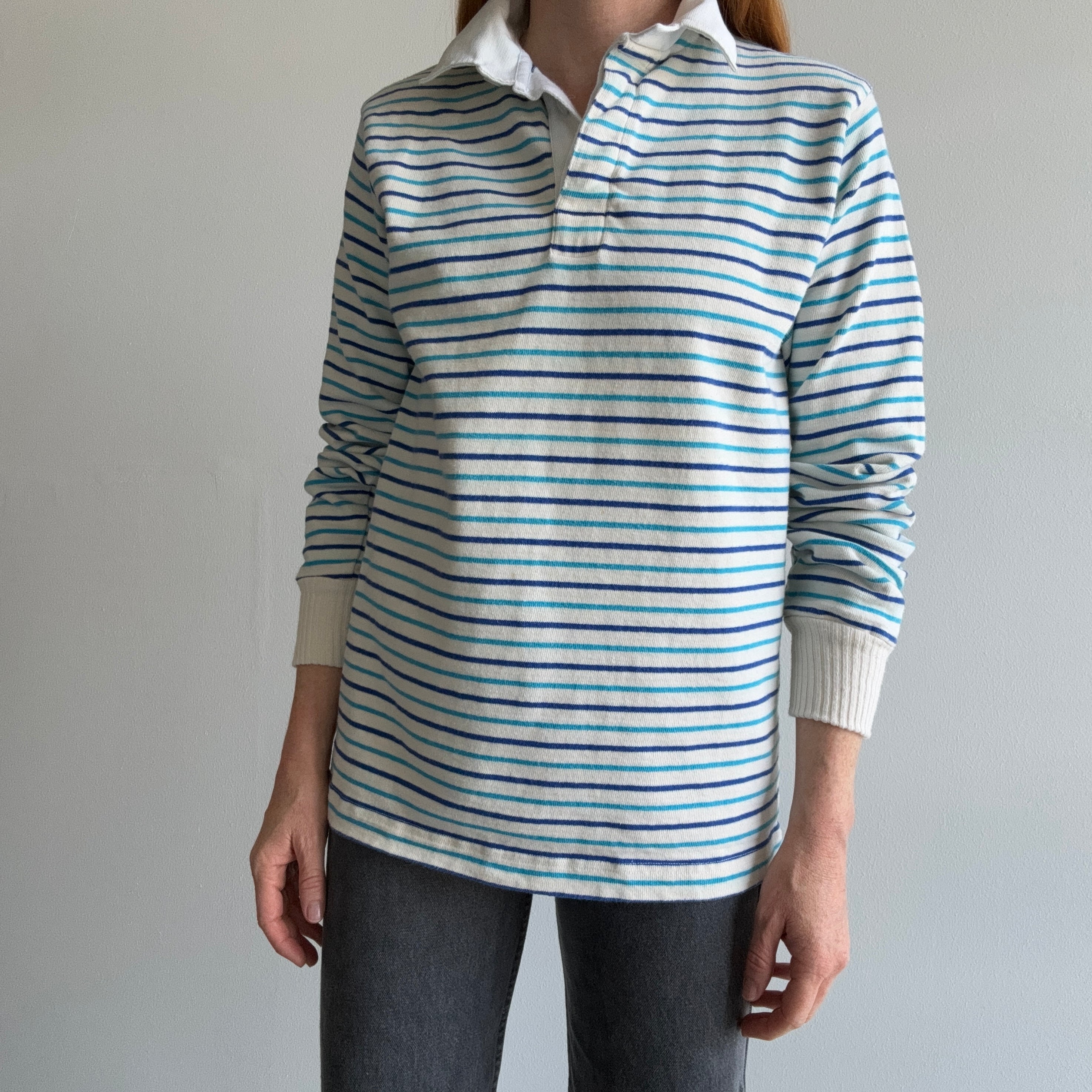 1980s Heavyweight Blue and Natural White Striped Rugby Shirt - So Good