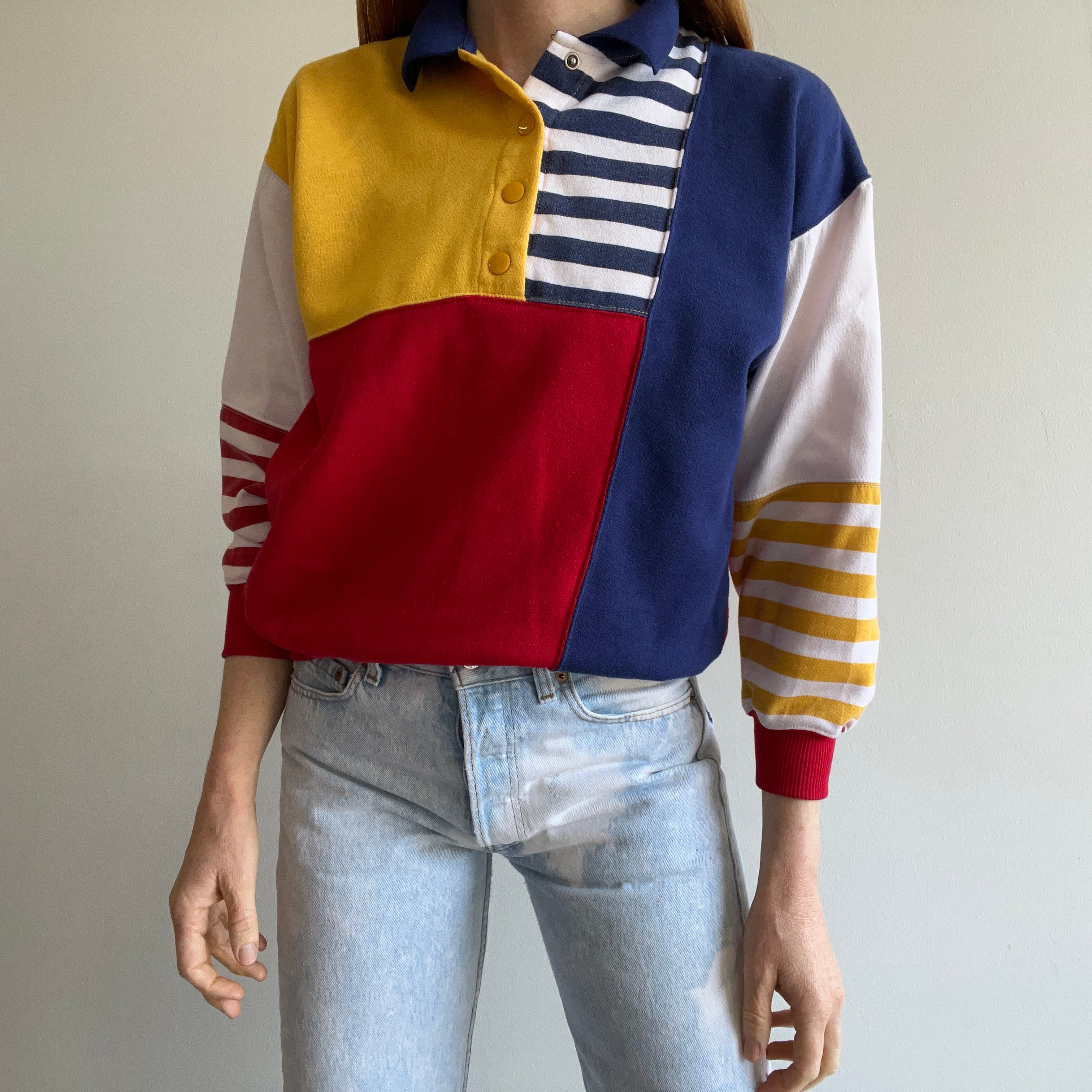 1980s Color Block Polo Sweatshirt - !!!