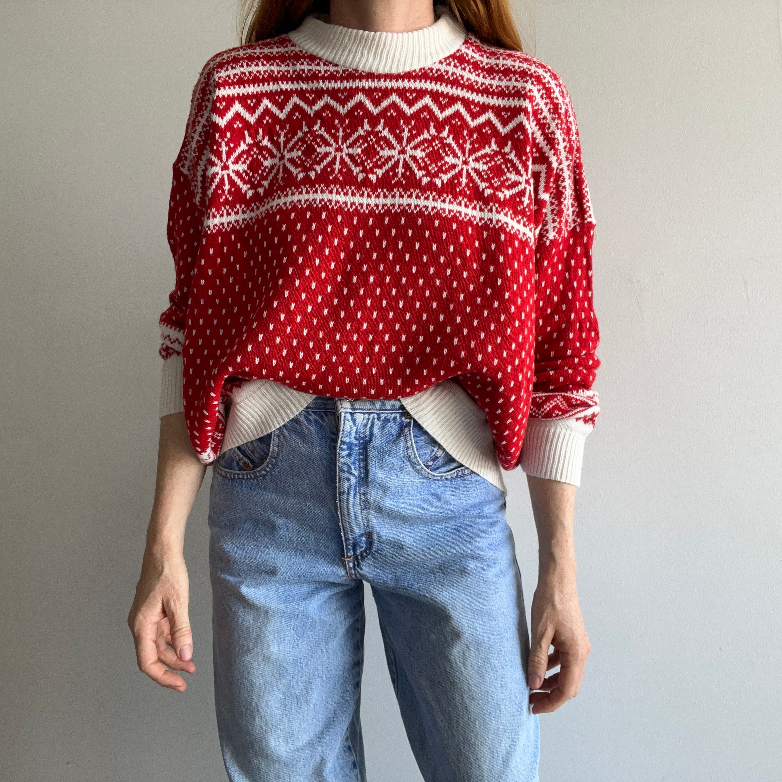 1980s Acrylic Red and White Snow Flake Sweater