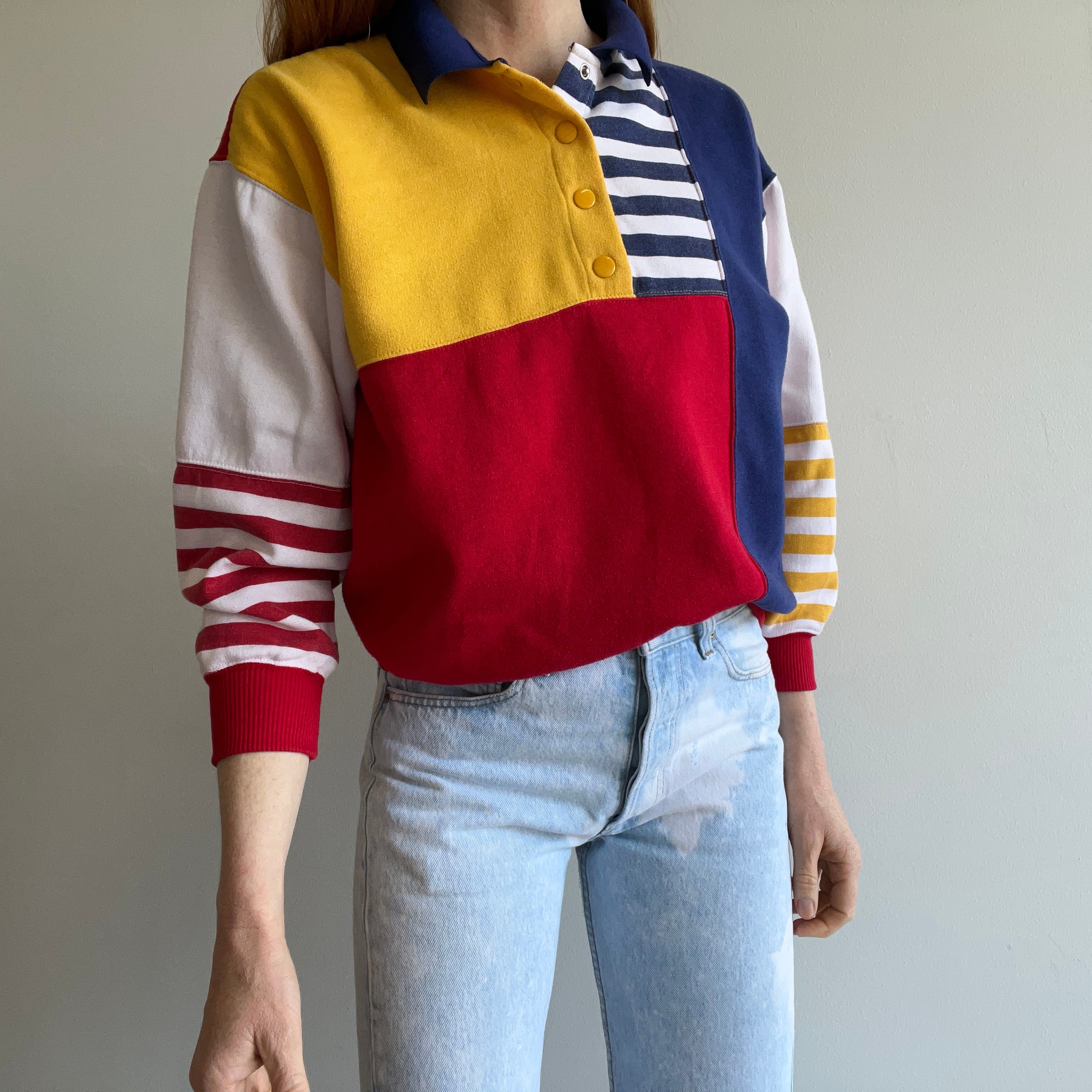 1980s Color Block Polo Sweatshirt - !!!