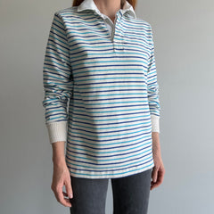 1980s Heavyweight Blue and Natural White Striped Rugby Shirt - So Good