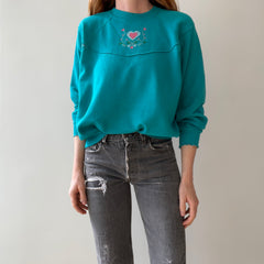 1980s DIY Needlepoint (?) Ruffle Cuffed Heart Sweatshirt - Aww