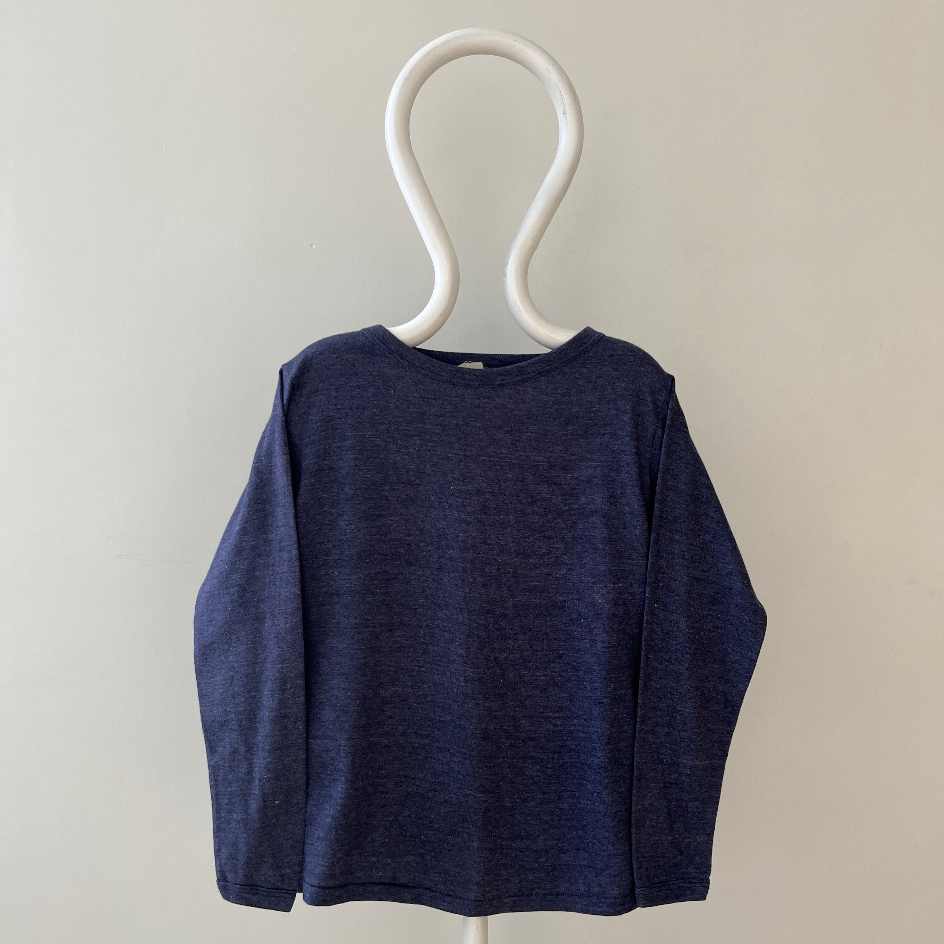 1980s Blank Heather Navy Blue Long Sleeve T Shirt - !!!!!