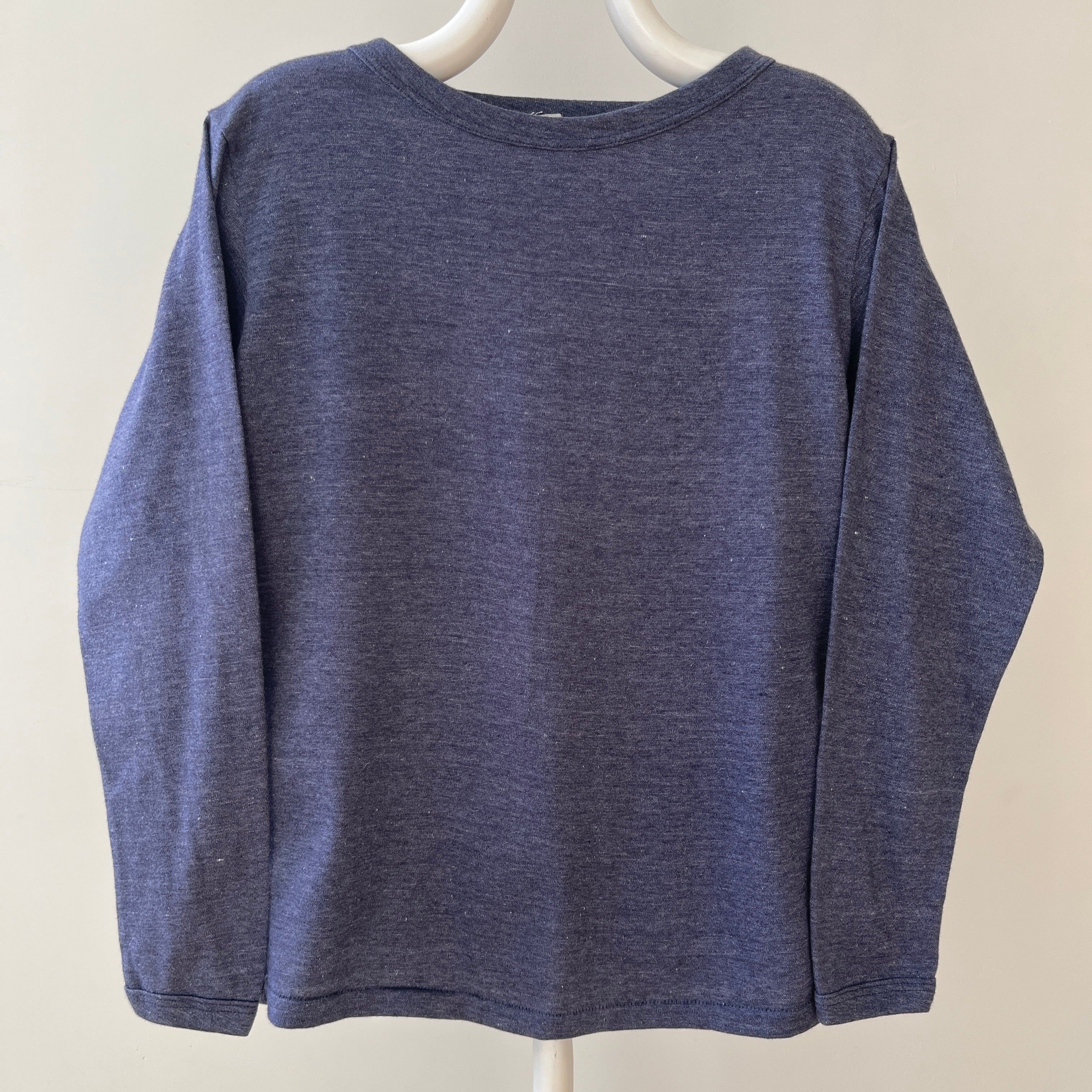 1980s Blank Heather Navy Blue Long Sleeve T Shirt - !!!!!