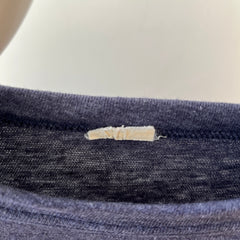 1980s Blank Heather Navy Blue Long Sleeve T Shirt - !!!!!