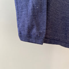 1980s Blank Heather Navy Blue Long Sleeve T Shirt - !!!!!