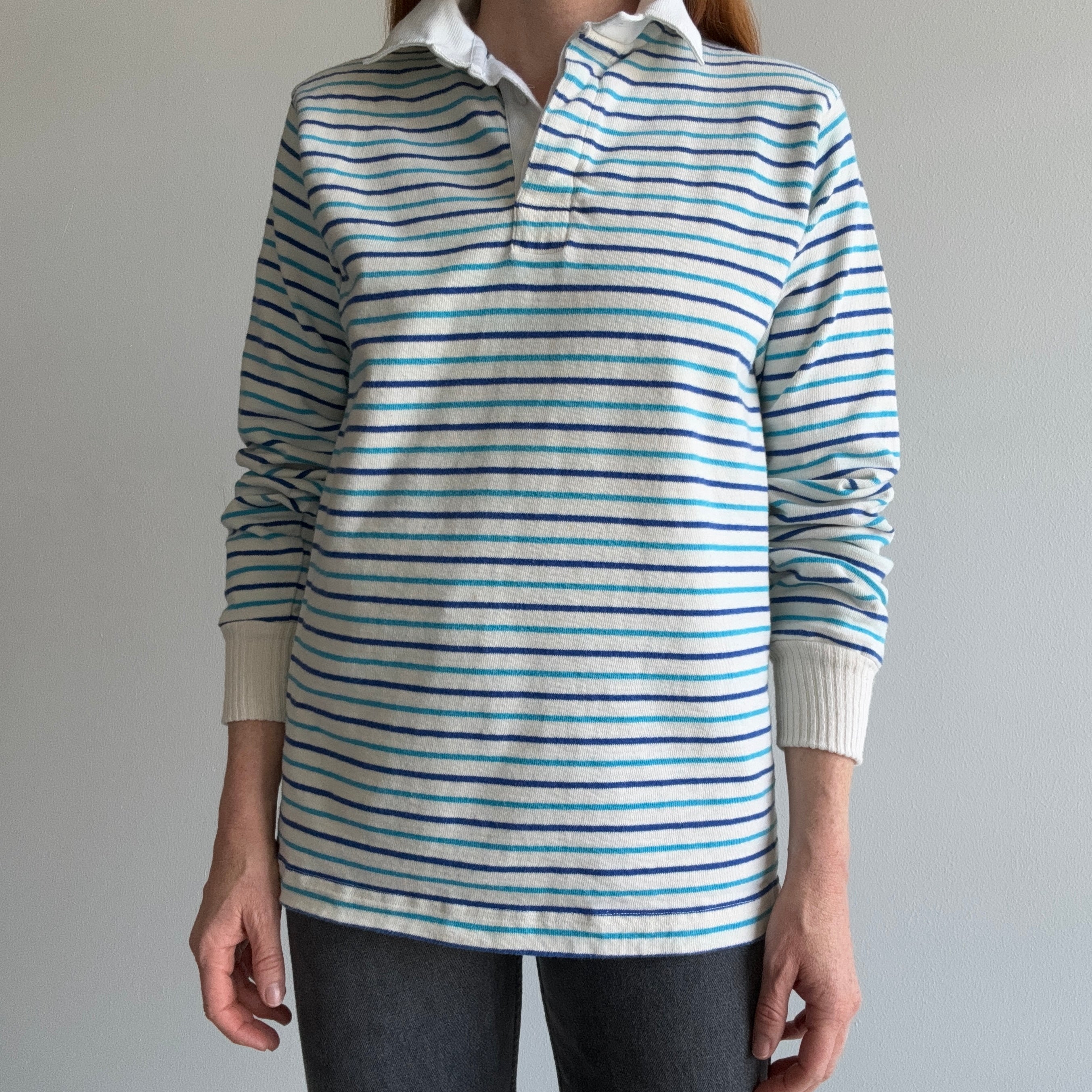 1980s Heavyweight Blue and Natural White Striped Rugby Shirt - So Good