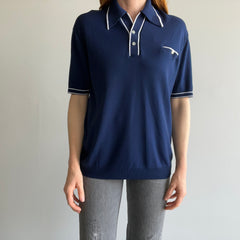 1970s Slouchy Poly Nylon (Soft) Short Sleeve Navy and White Polo Sweater