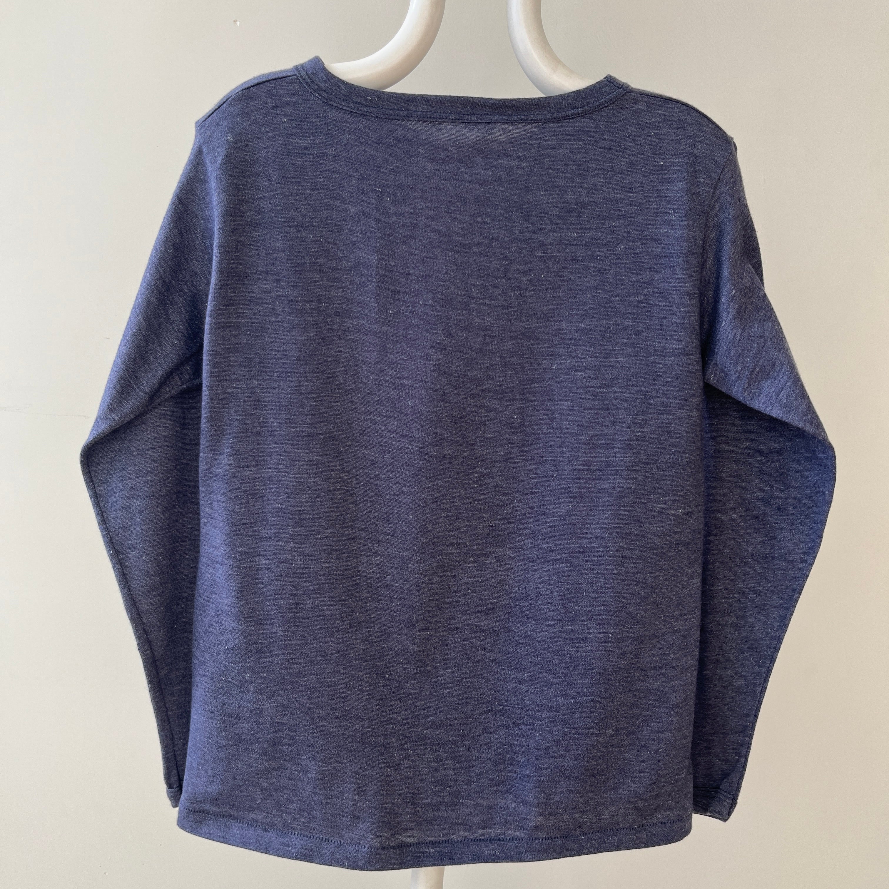 1980s Blank Heather Navy Blue Long Sleeve T Shirt - !!!!!