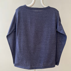 1980s Blank Heather Navy Blue Long Sleeve T Shirt - !!!!!