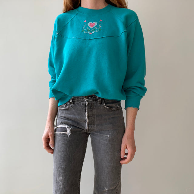 1980s DIY Needlepoint (?) Ruffle Cuffed Heart Sweatshirt - Aww