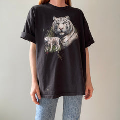 1990s Paint Stained Larger Big White Cat Cotton T-Shirt