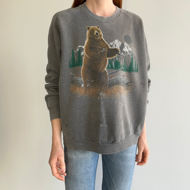 1980s Paint Stained and Faded Bear Sweatshirt - !!!!