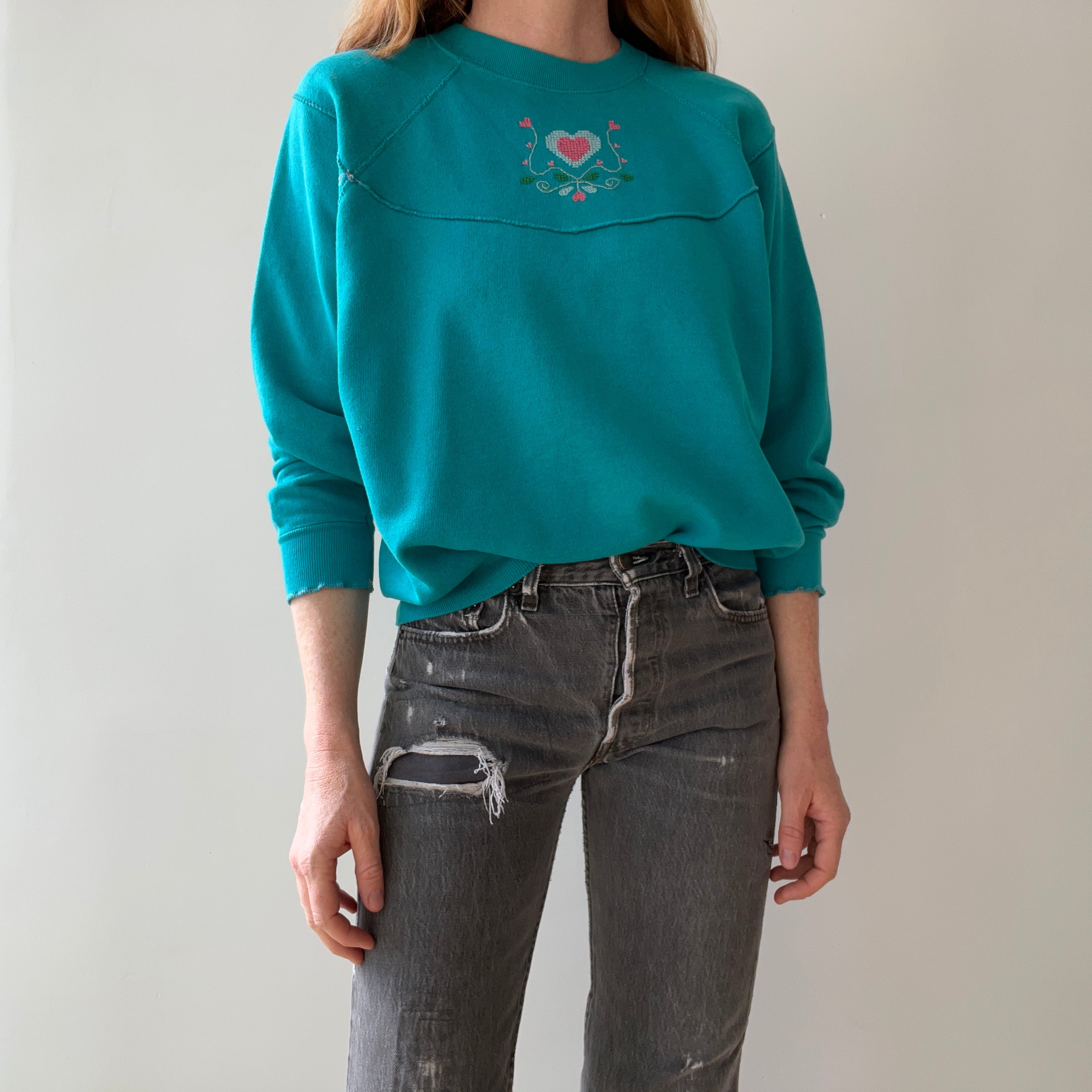 1980s DIY Needlepoint (?) Ruffle Cuffed Heart Sweatshirt - Aww