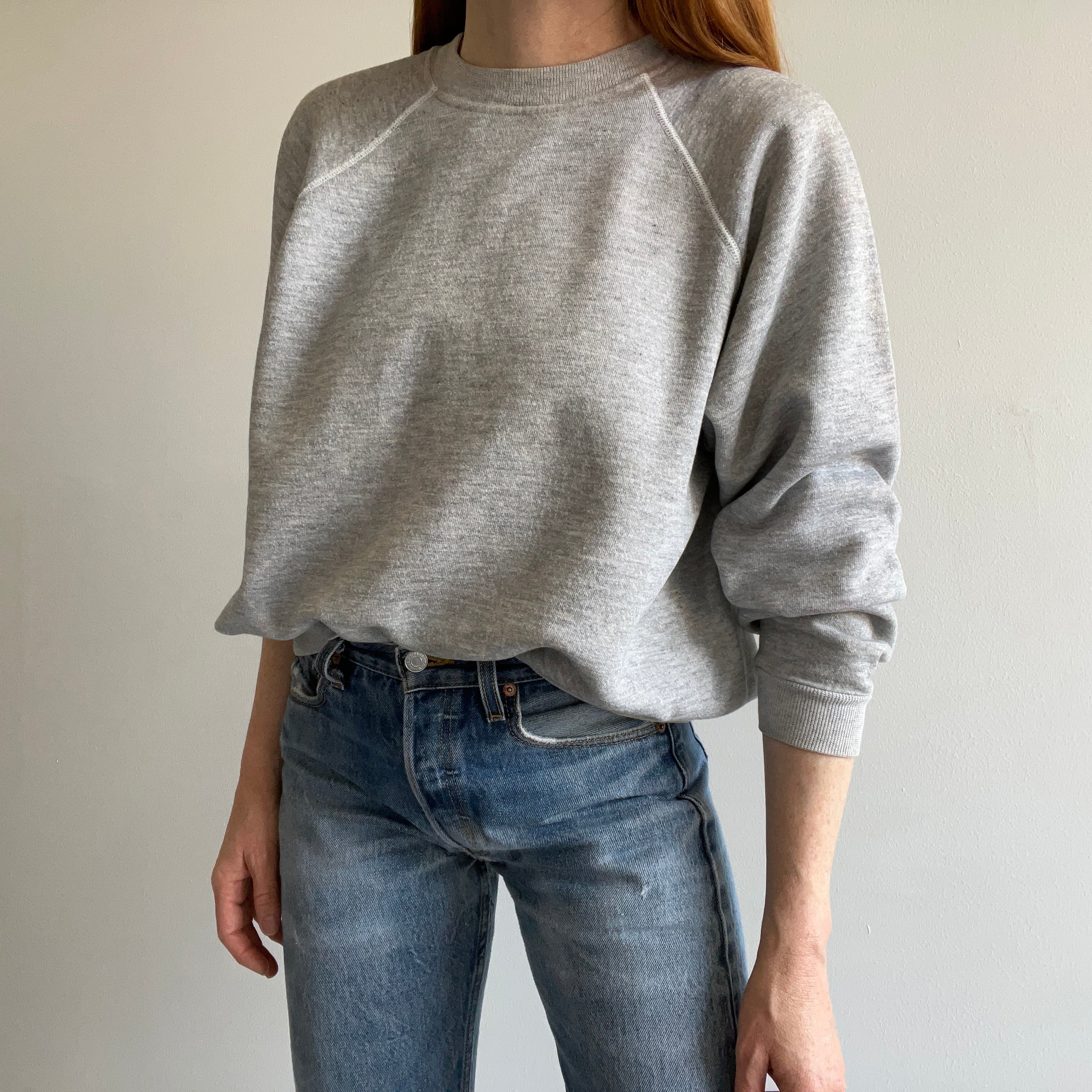 1970s Super Rad Super Stained Contrast Stitching Blank Gray Raglan