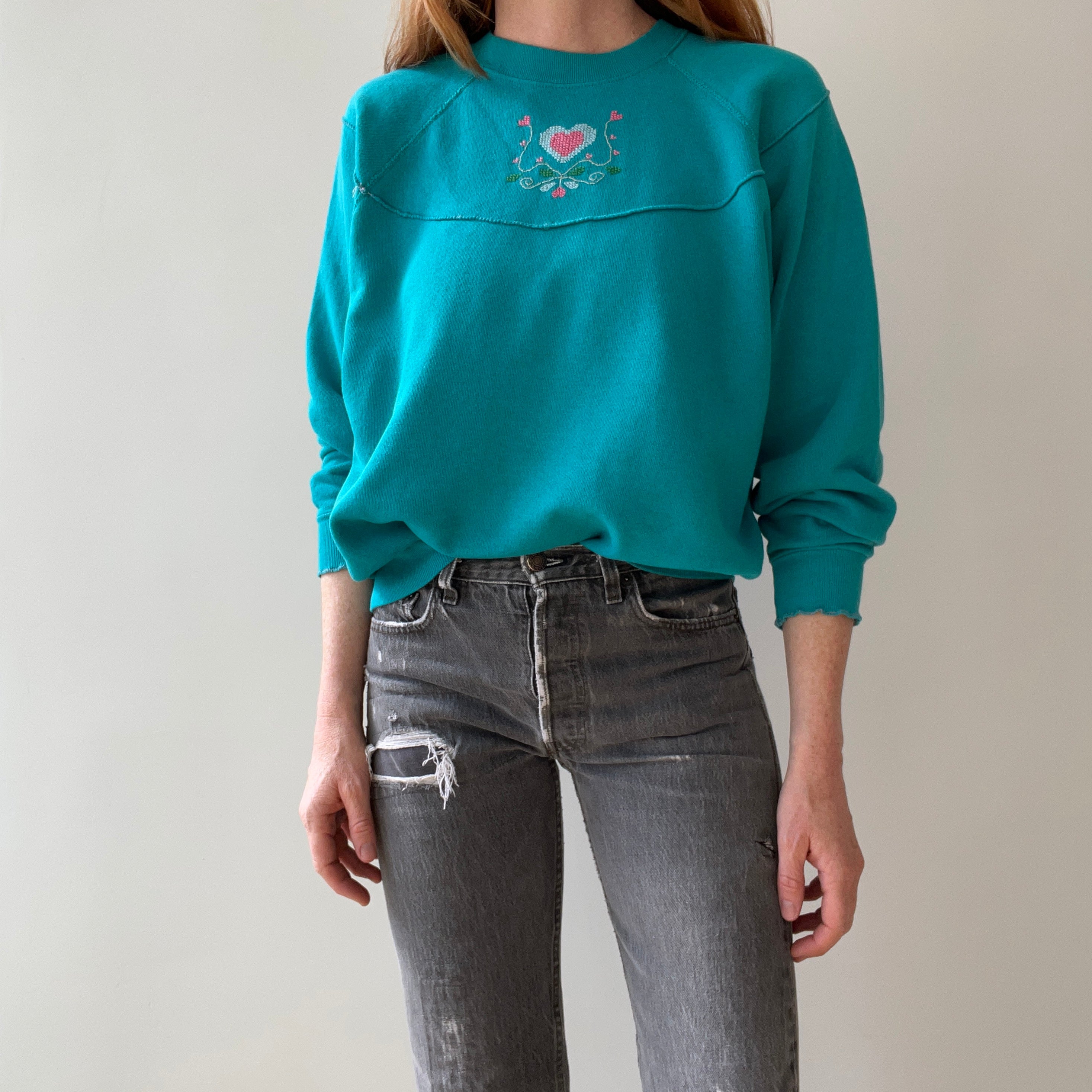 1980s DIY Needlepoint (?) Ruffle Cuffed Heart Sweatshirt - Aww