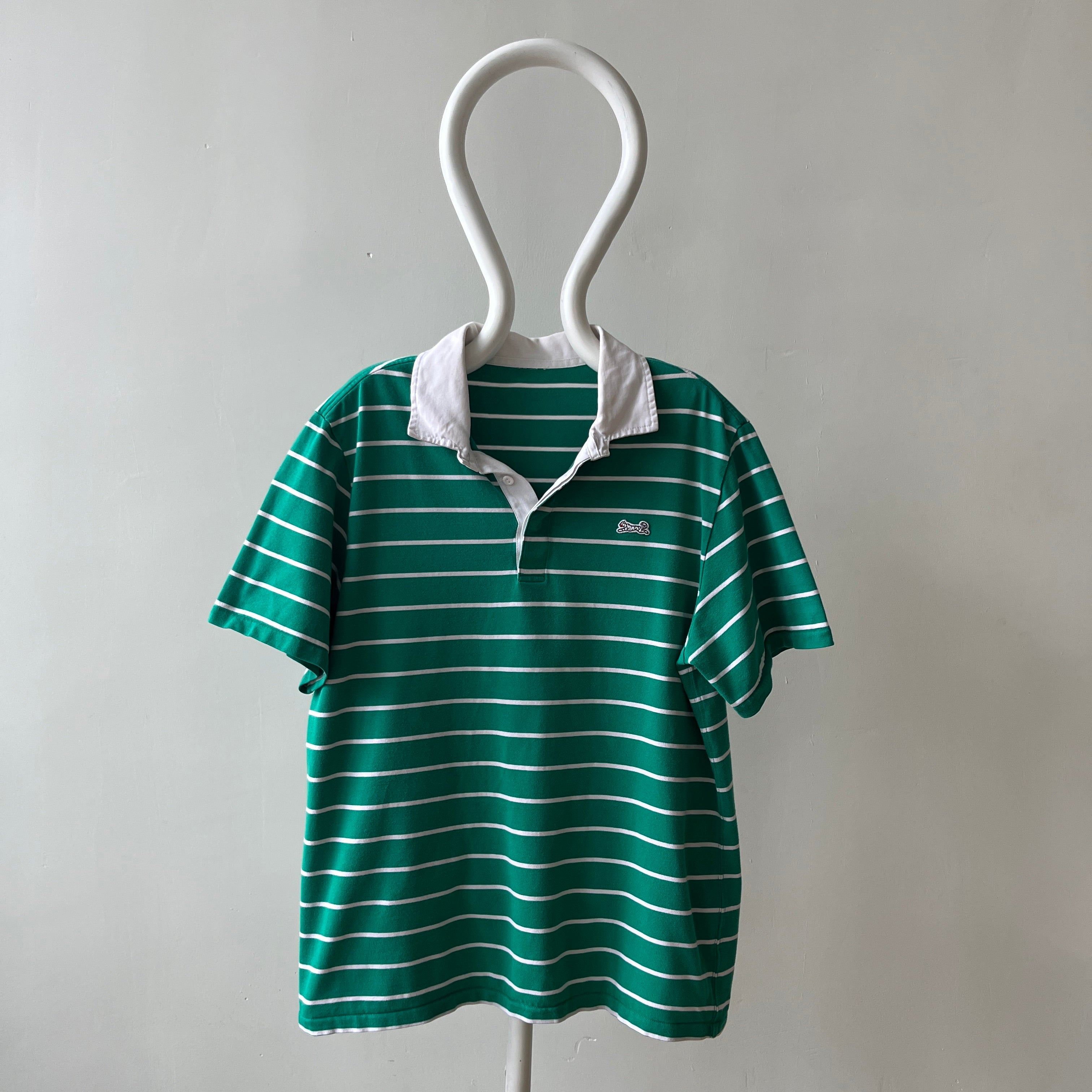 1980s Le Tigre Green and White Striped Rugby Weight Polo Style T Shirt