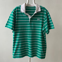 1980s Le Tigre Green and White Striped Rugby Weight Polo Style T Shirt