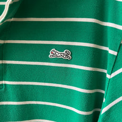 1980s Le Tigre Green and White Striped Rugby Weight Polo Style T Shirt