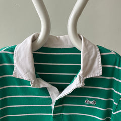 1980s Le Tigre Green and White Striped Rugby Weight Polo Style T Shirt