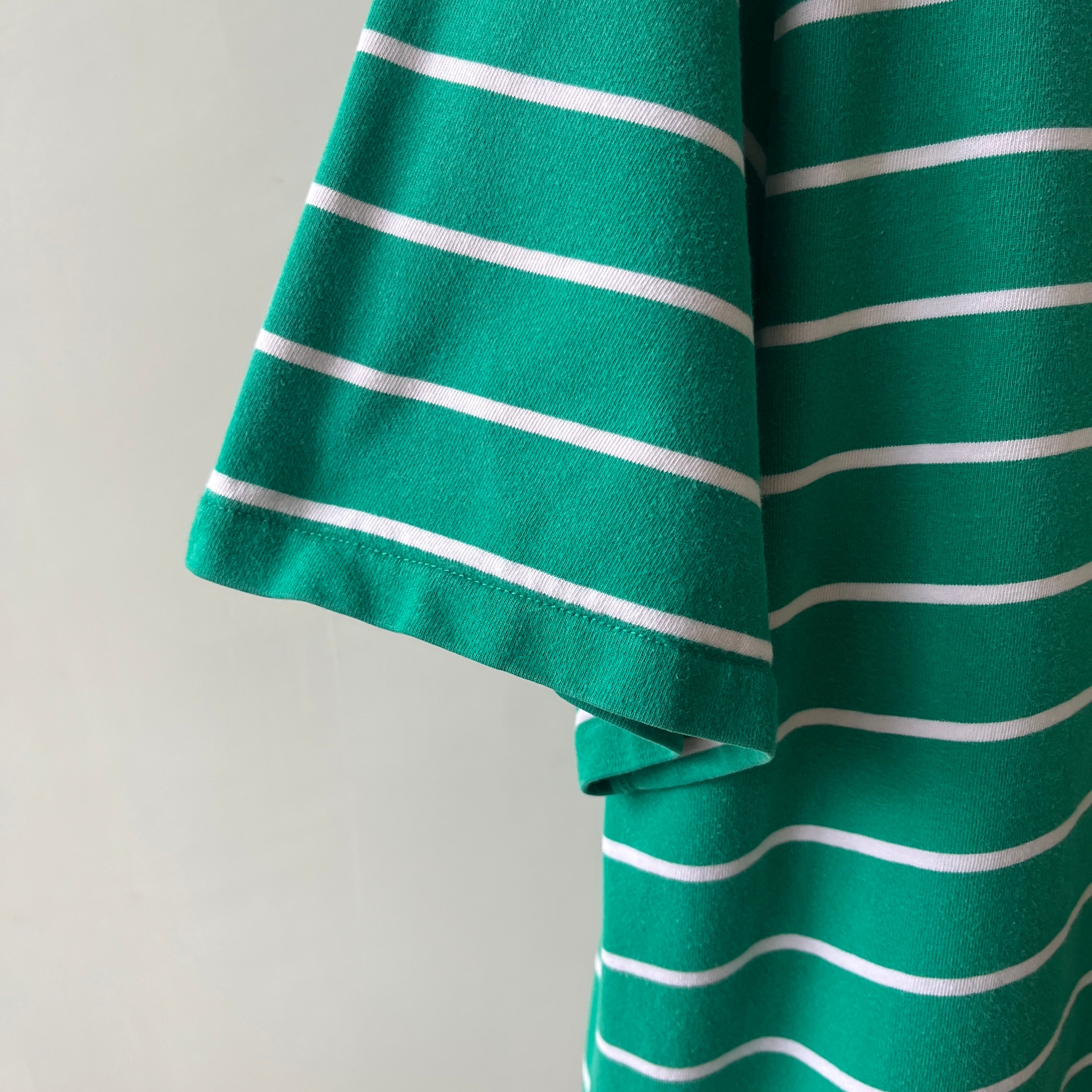 1980s Le Tigre Green and White Striped Rugby Weight Polo Style T Shirt
