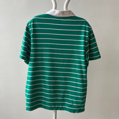 1980s Le Tigre Green and White Striped Rugby Weight Polo Style T Shirt
