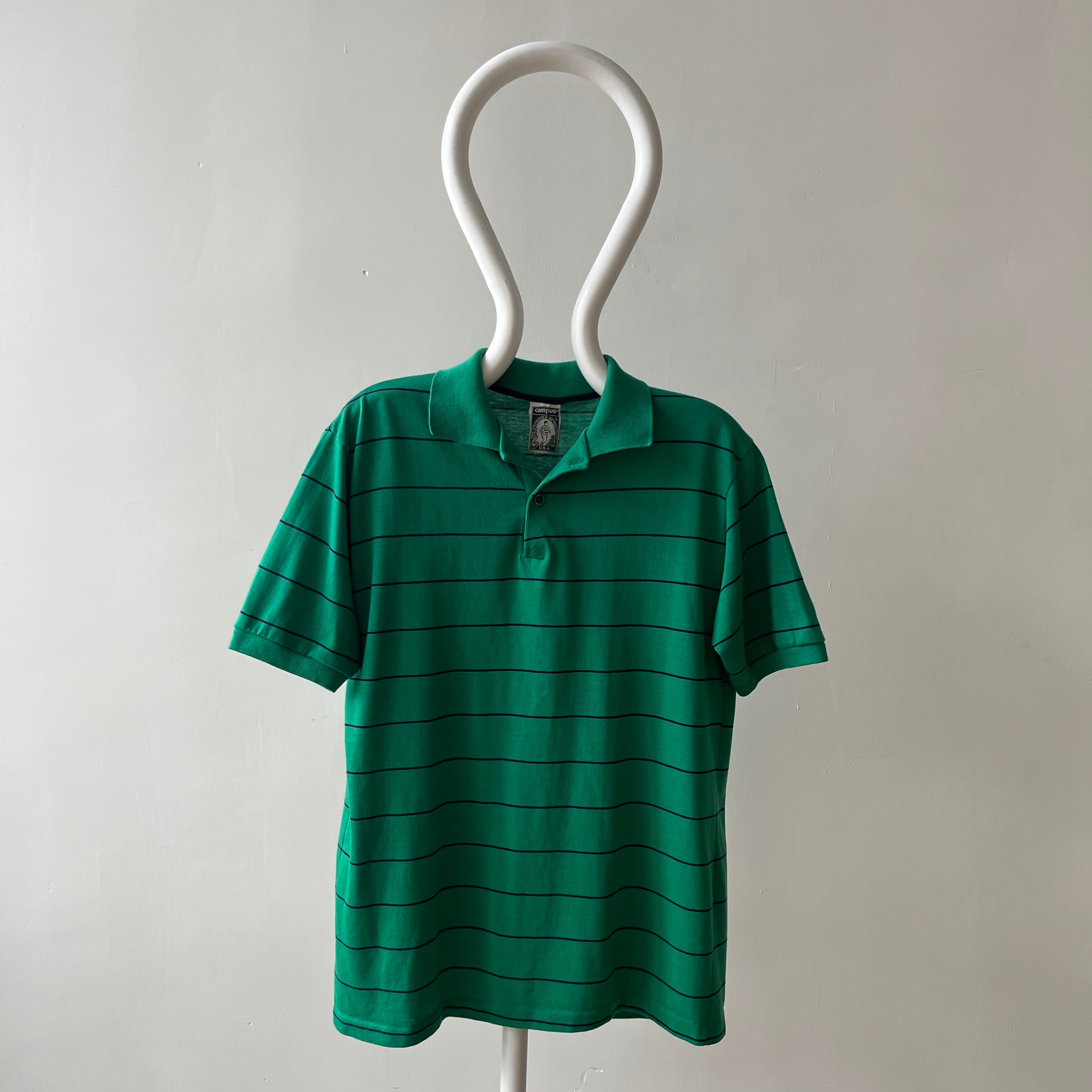 1970s/80s Green and Navy Striped Polo Style T Shirt - A Good One!