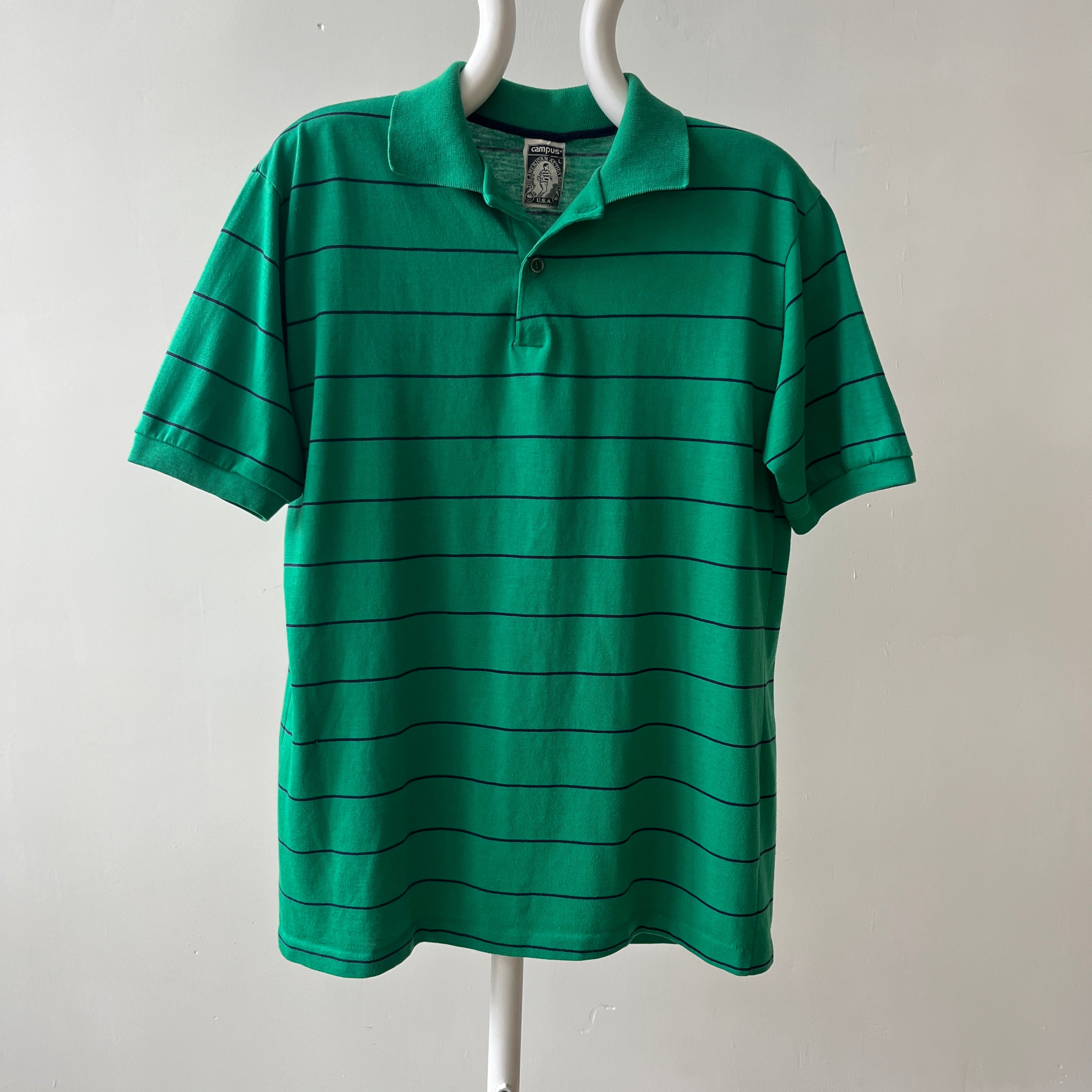1970s/80s Green and Navy Striped Polo Style T Shirt - A Good One!