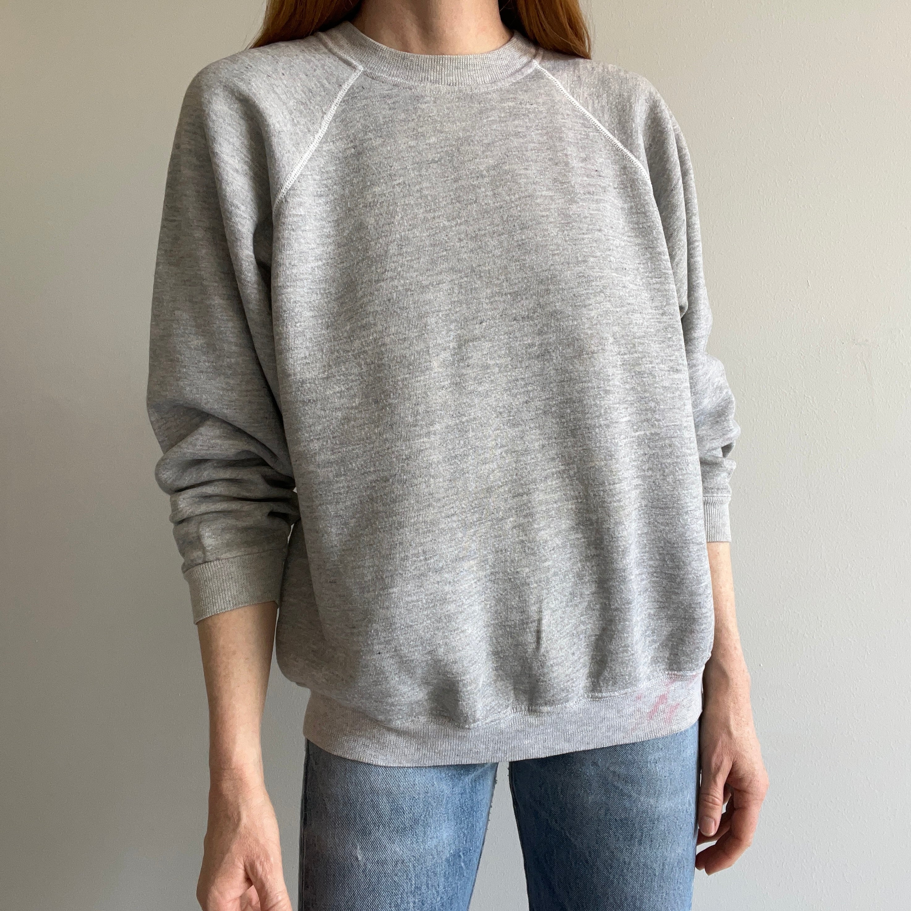 1970s Super Rad Super Stained Contrast Stitching Blank Gray Raglan