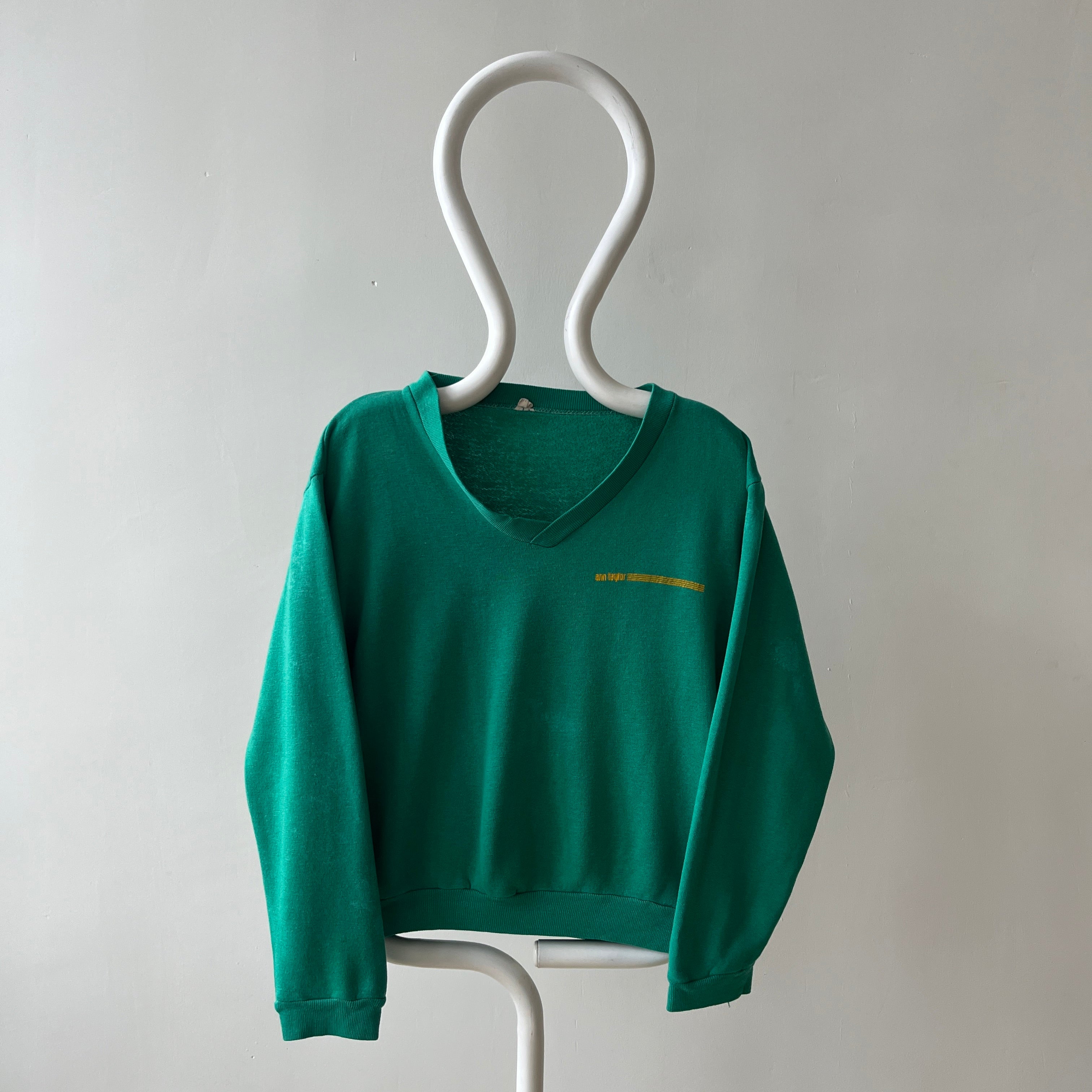 1960s/70s Faded Green Ann Taylor (!!!) V Neck Sweatshirt