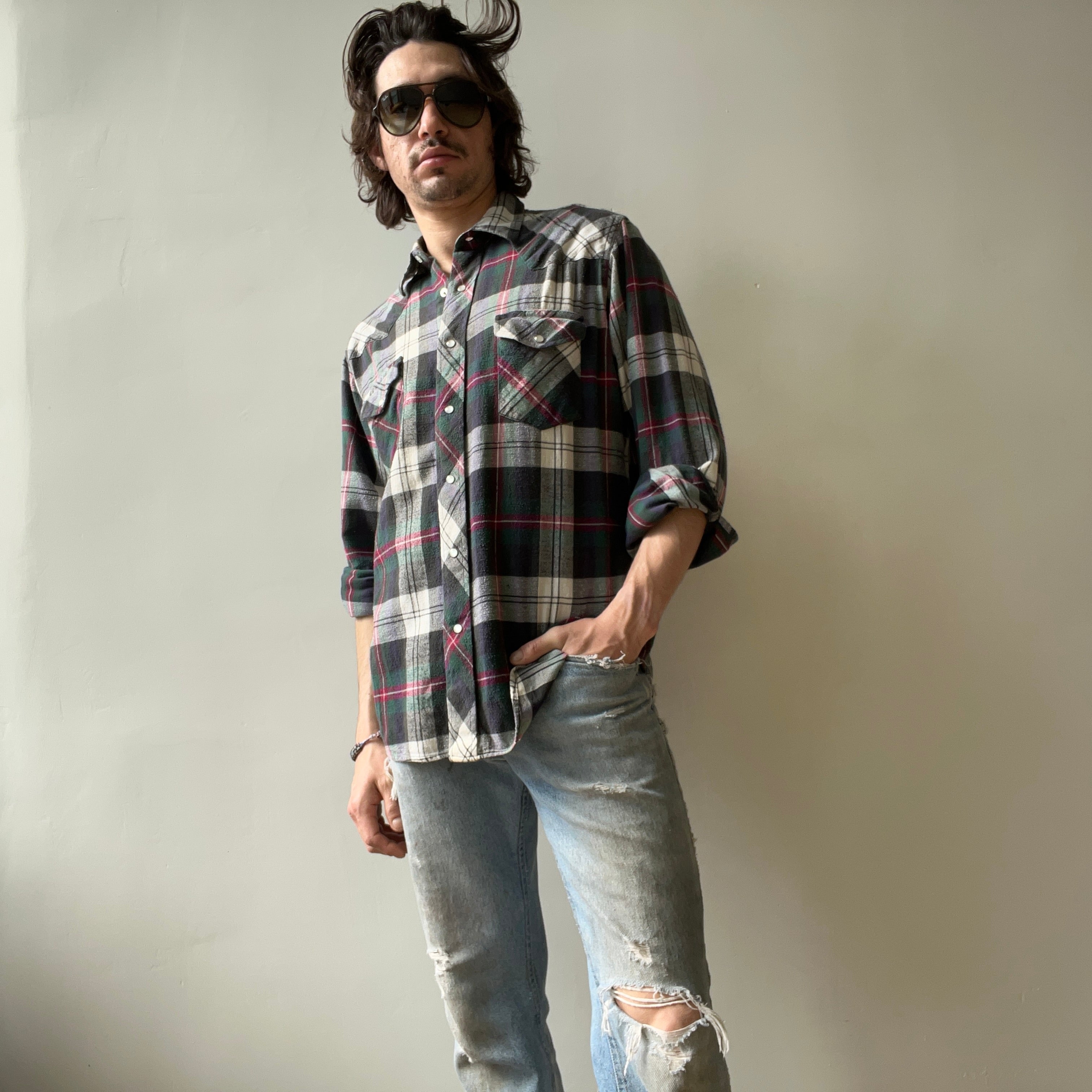 1990s Lightweight Wrangler Snap Front Cowboy Cotton Flannel Shirt