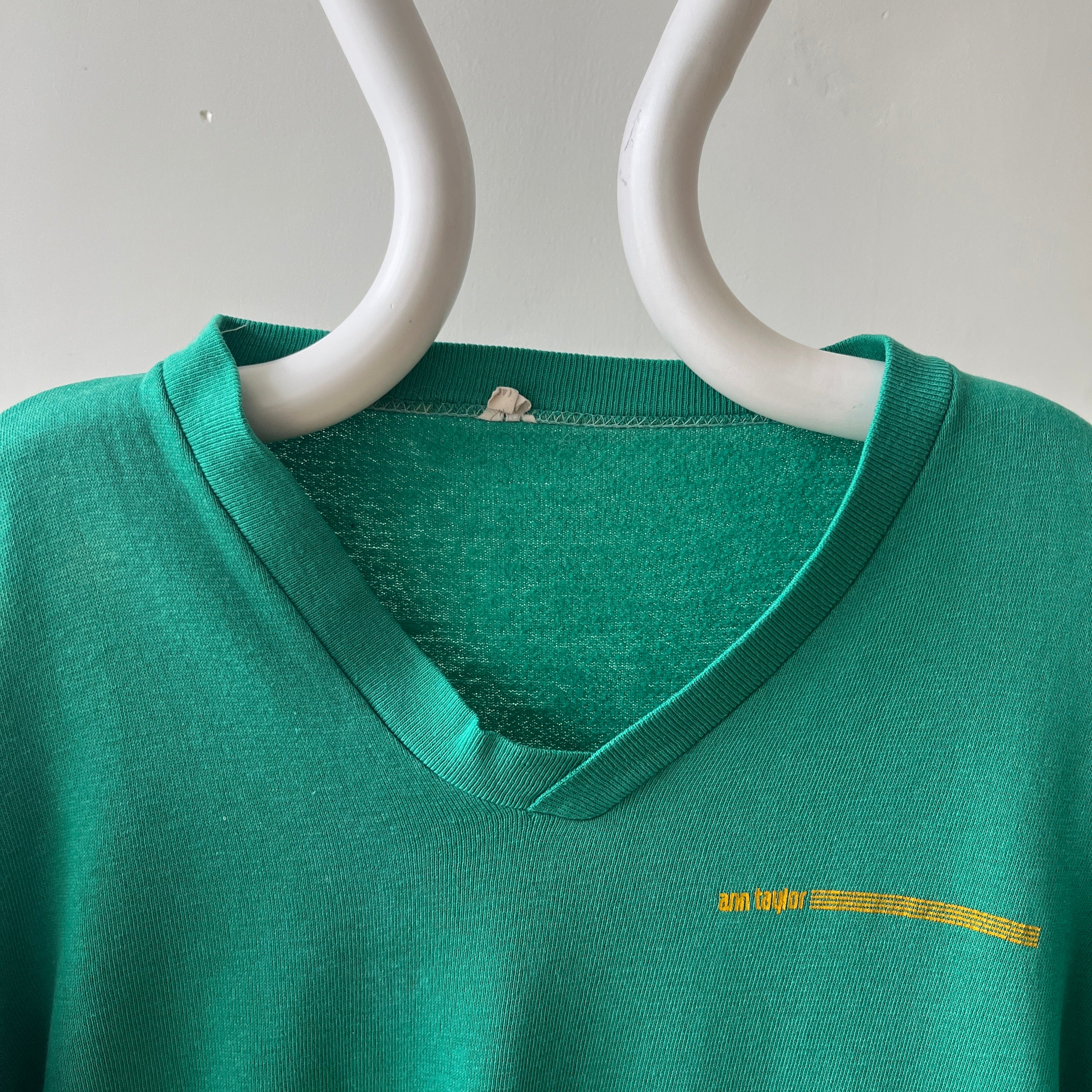 1960s/70s Faded Green Ann Taylor (!!!) V Neck Sweatshirt