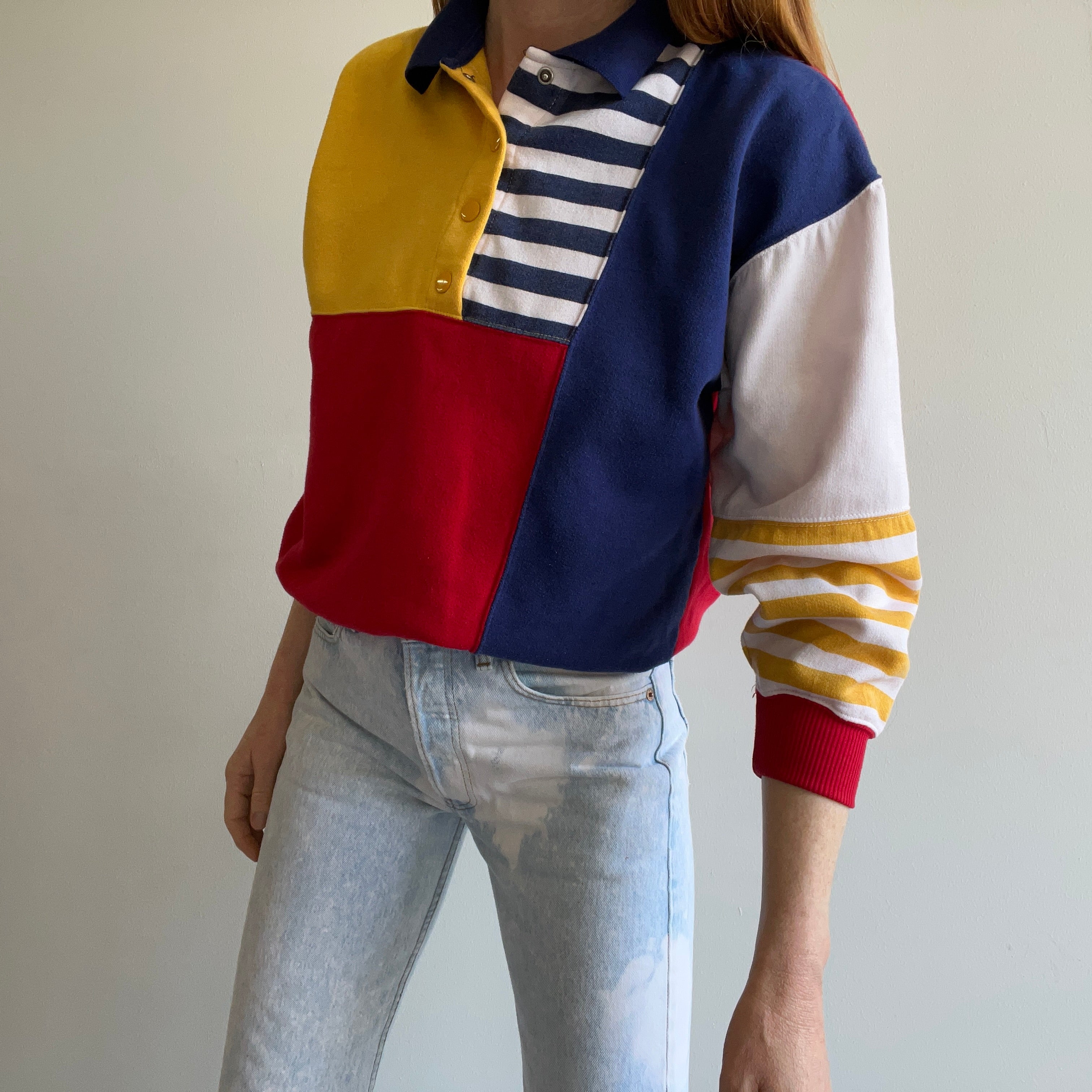 1980s Color Block Polo Sweatshirt - !!!