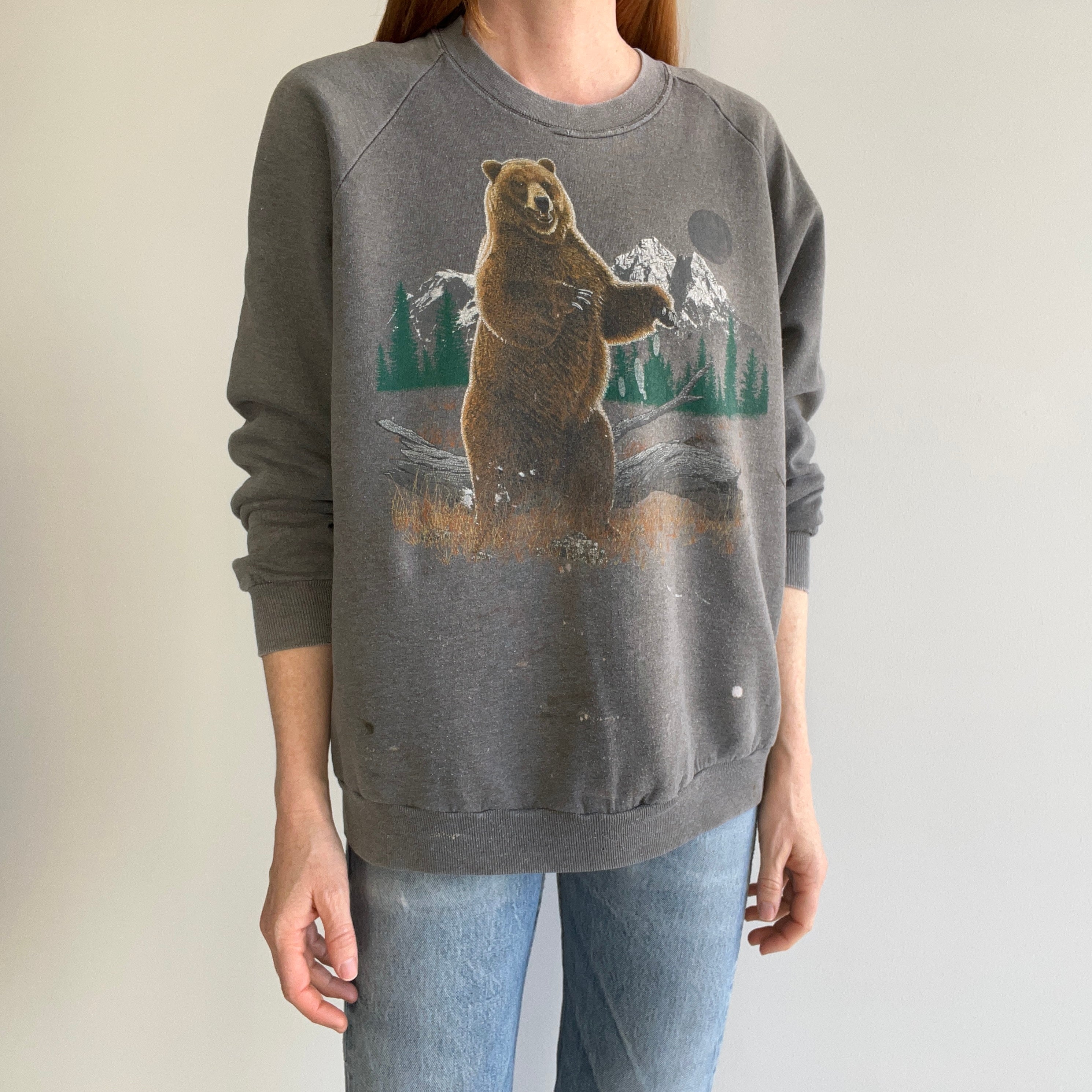 1980s Paint Stained and Faded Bear Sweatshirt - !!!!